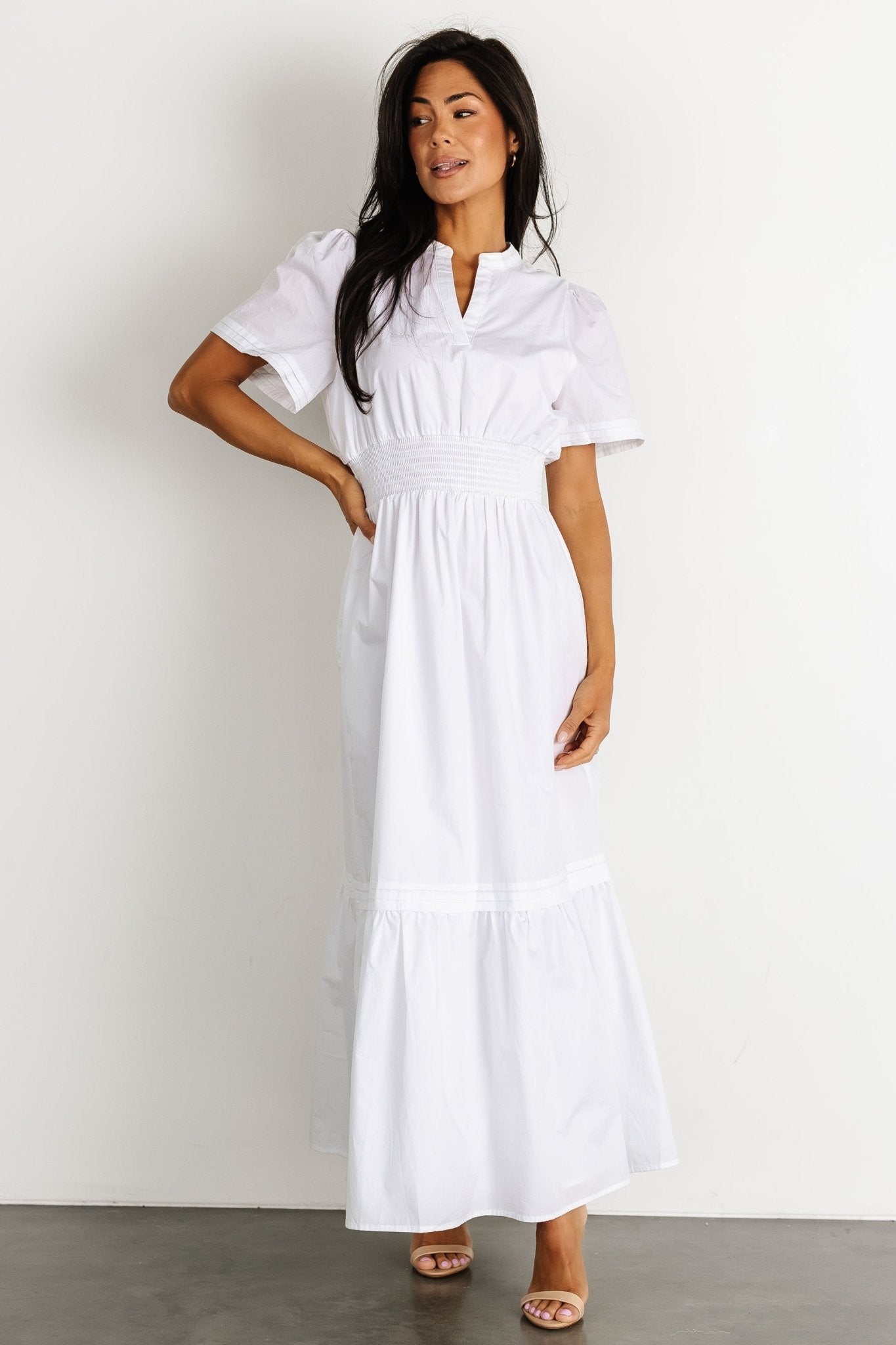 Off White Maxi Dress with Smocked Waist & Side Pockets | Baltic Born