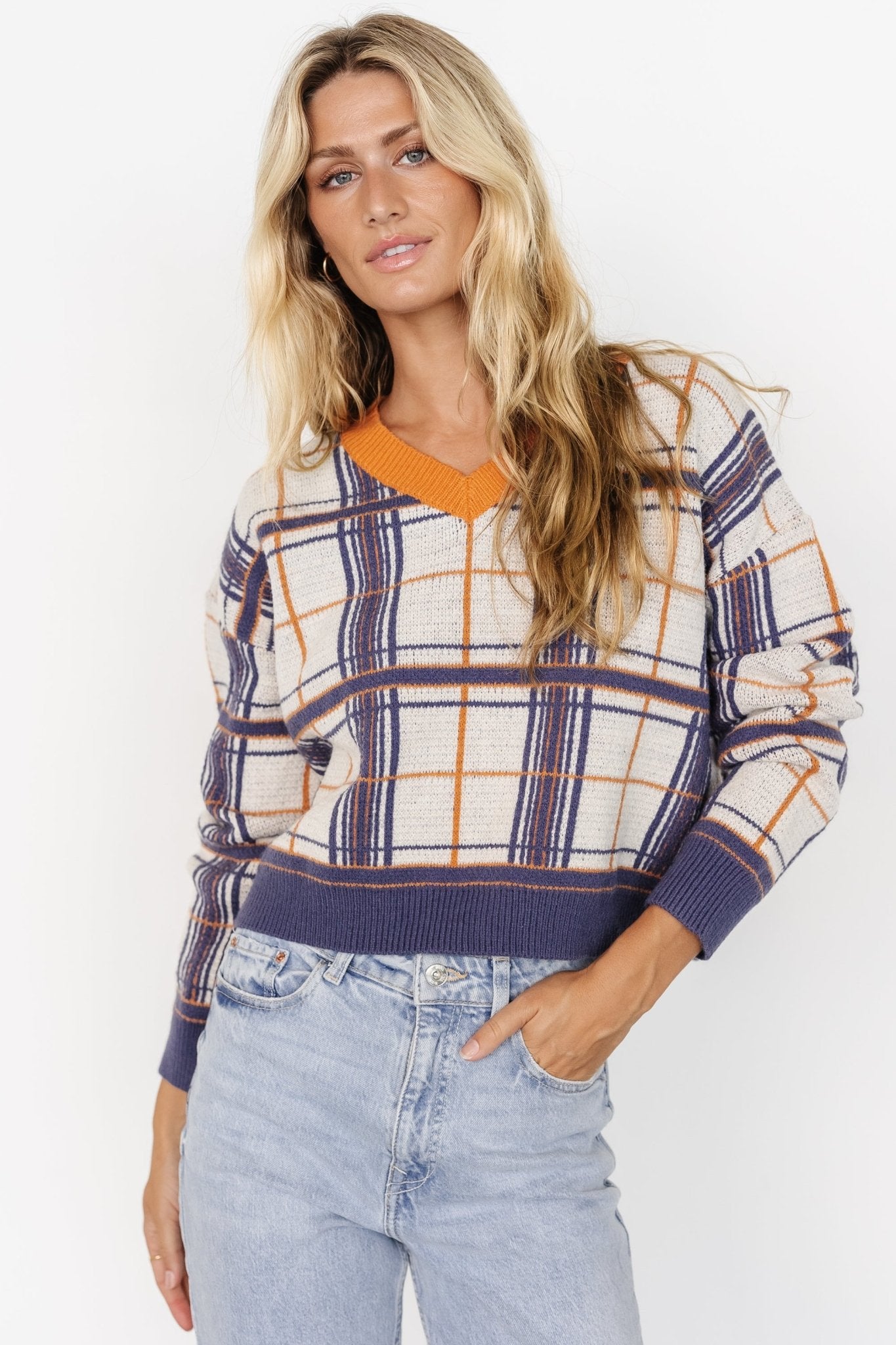 Plaid V-Neck Cropped Sweater | Blue & Orange Knit | Verbier
