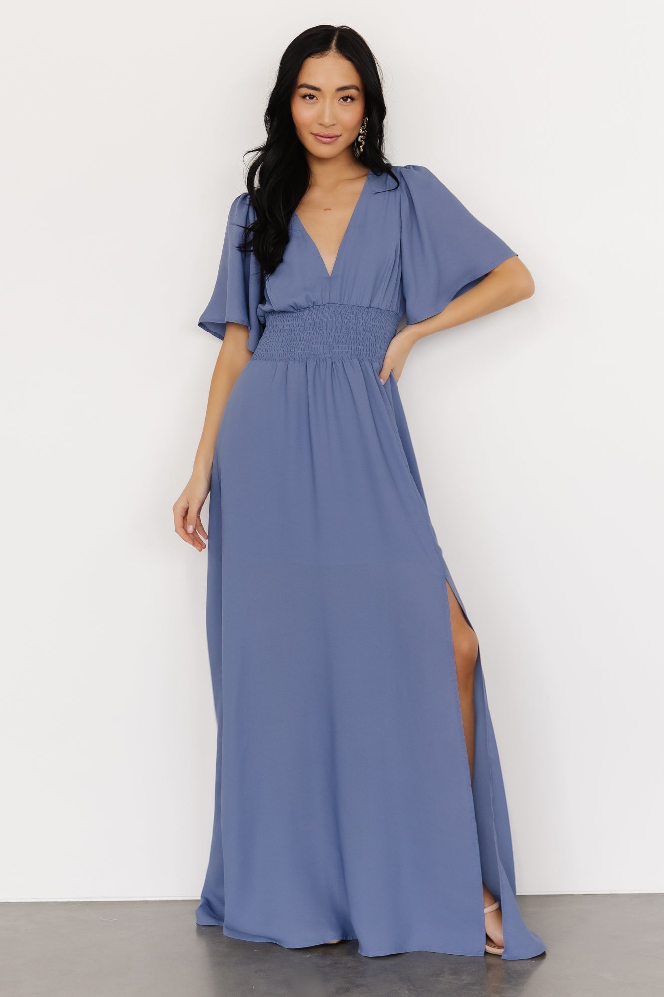 Light Blue Smocked Maxi Dress with Deep V Neckline | Baltic Born