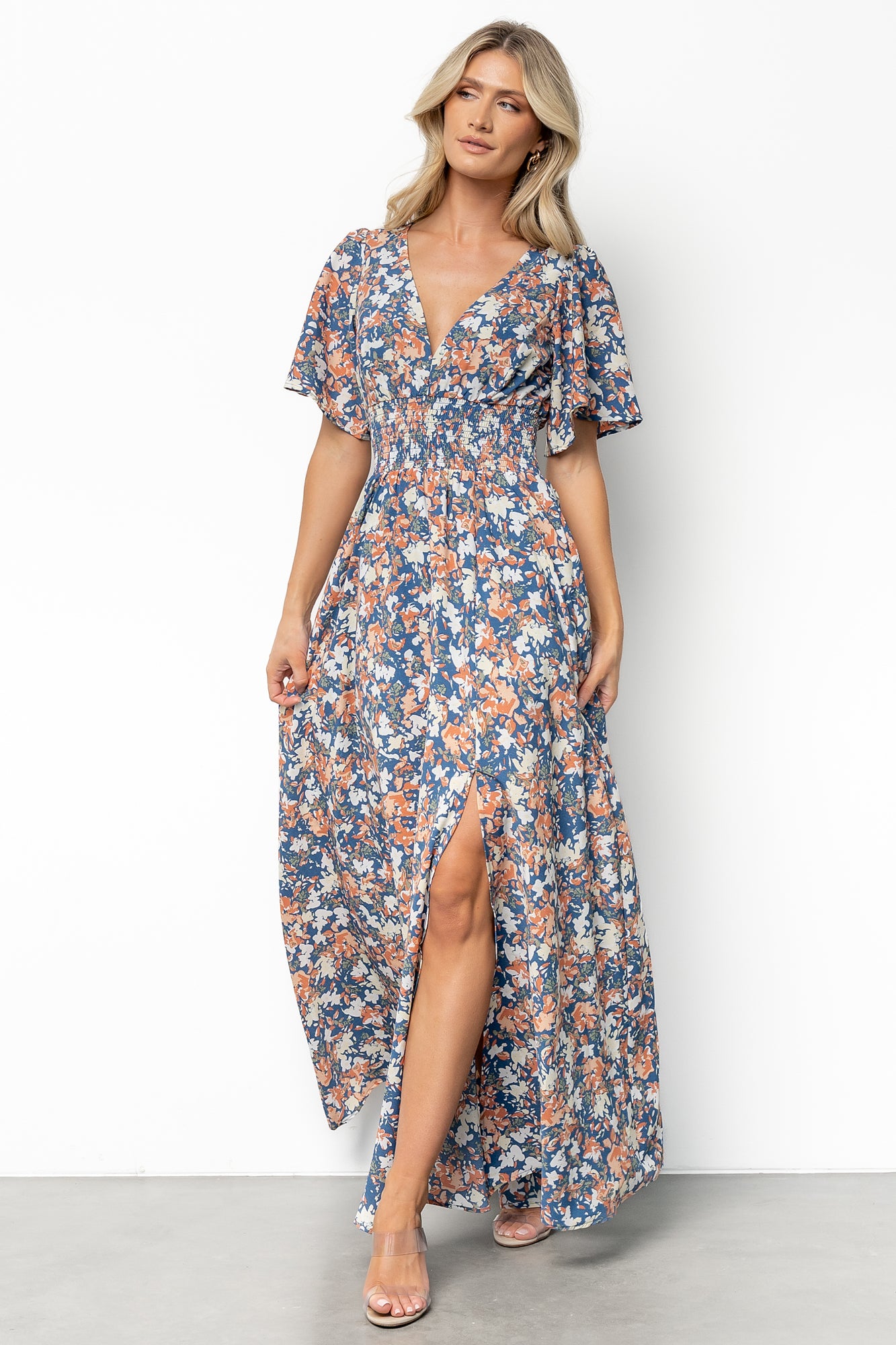 Floral Smocked Maxi Dress with V-Neck & Slit | Baltic Born