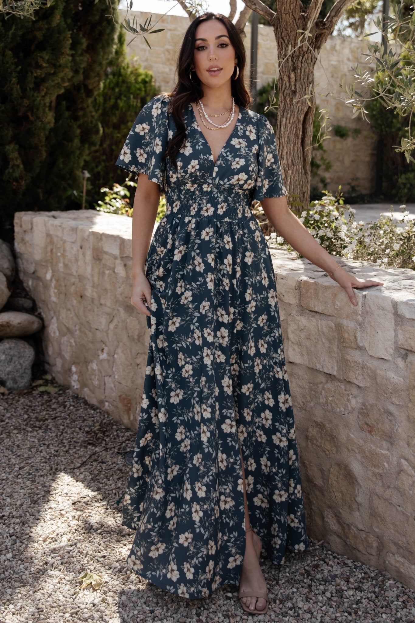 Smocked Maxi Dress with Deep V Neckline & Slit | Baltic Born