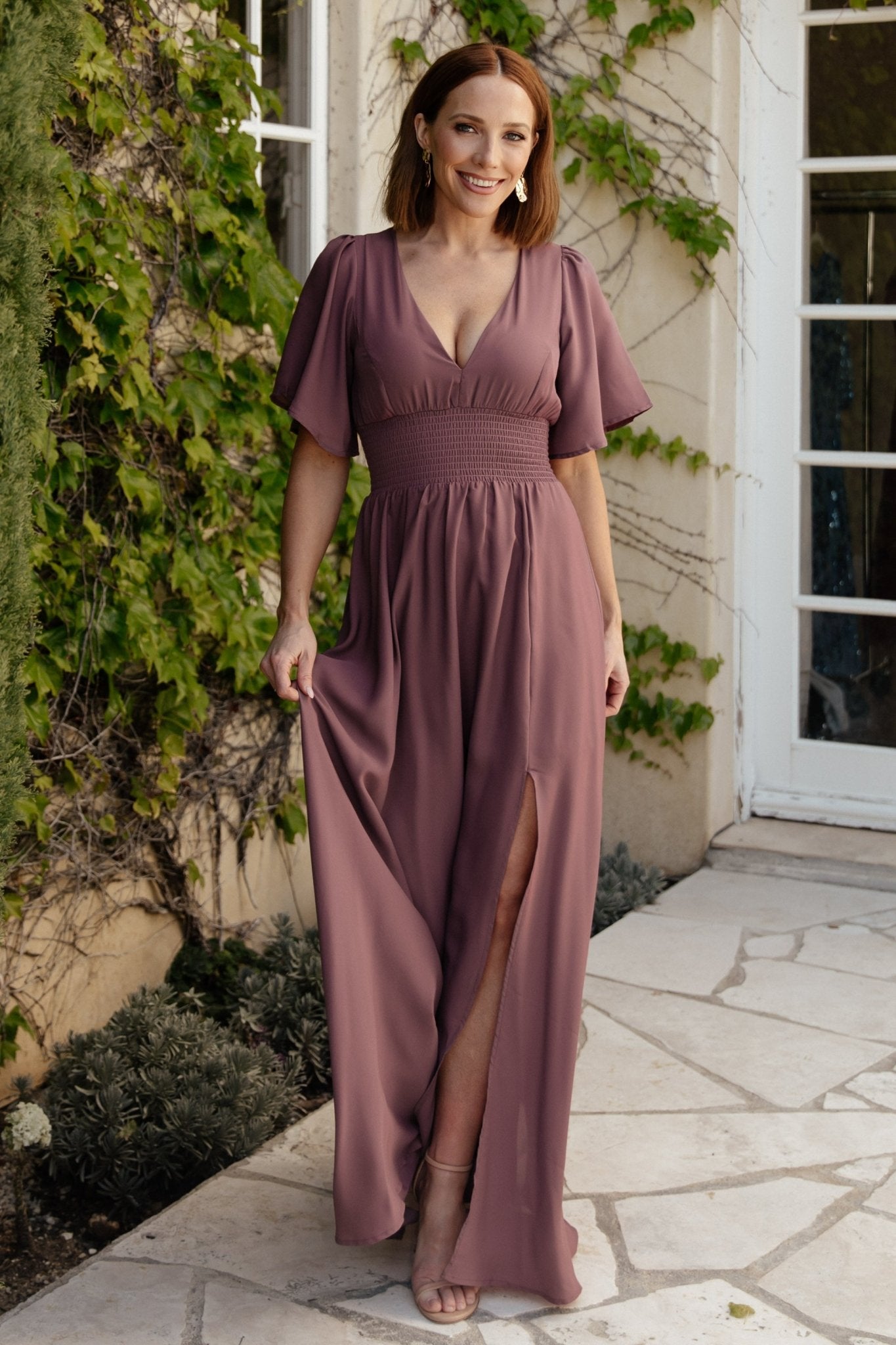 Vintage Plum Smocked Maxi Dress with Deep V Neckline | Baltic Born