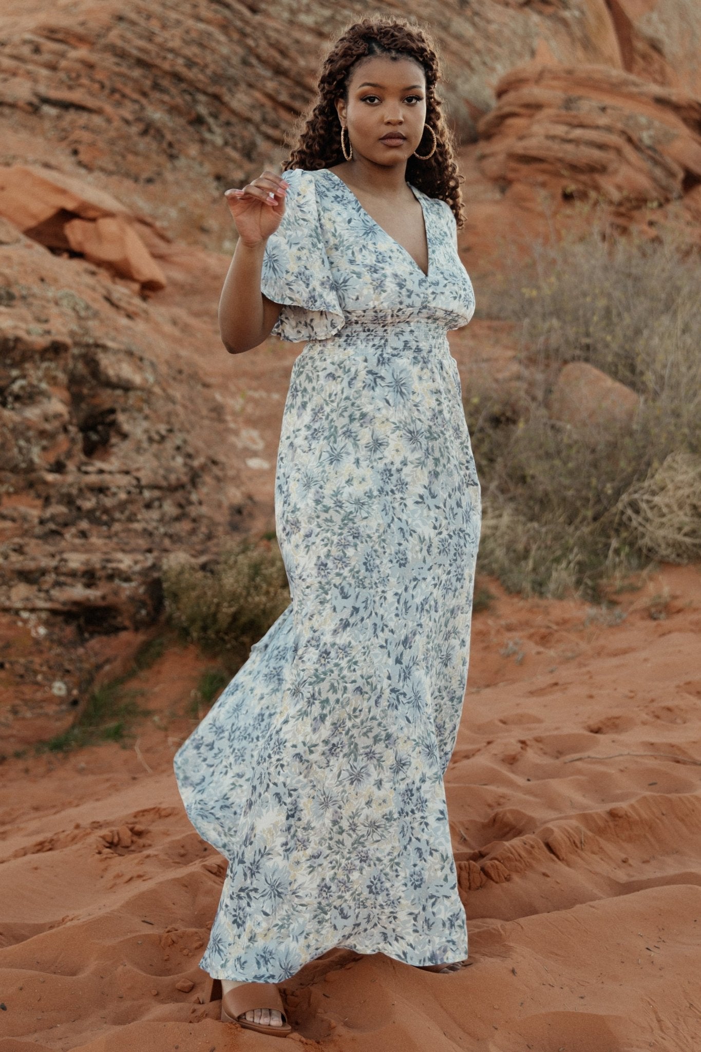 Smocked Maxi Dress with Deep V Neckline & Flowy Sleeves | Baltic Born