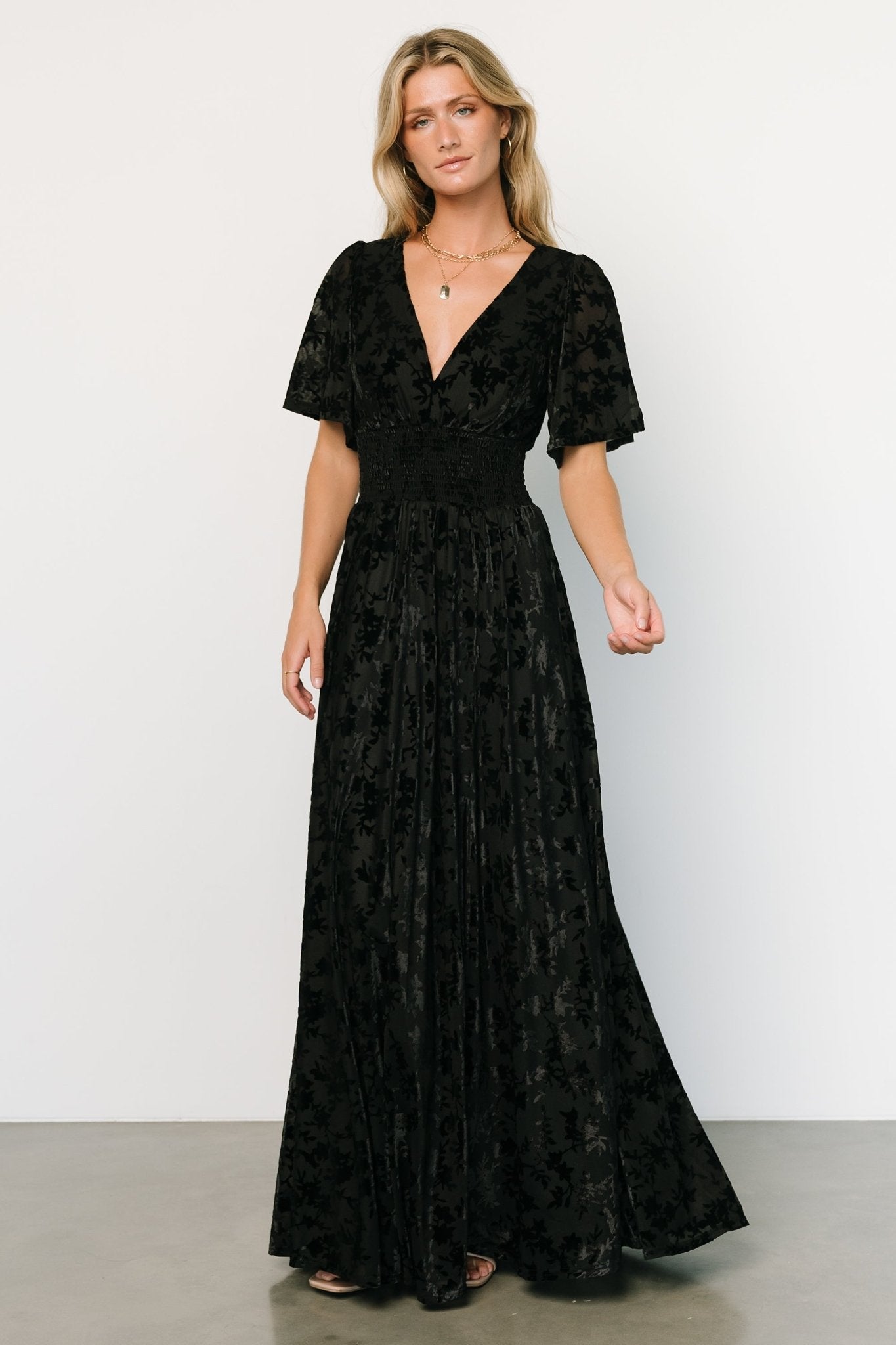 Black Velvet Maxi Dress with V-Neck & Slit | Baltic Born