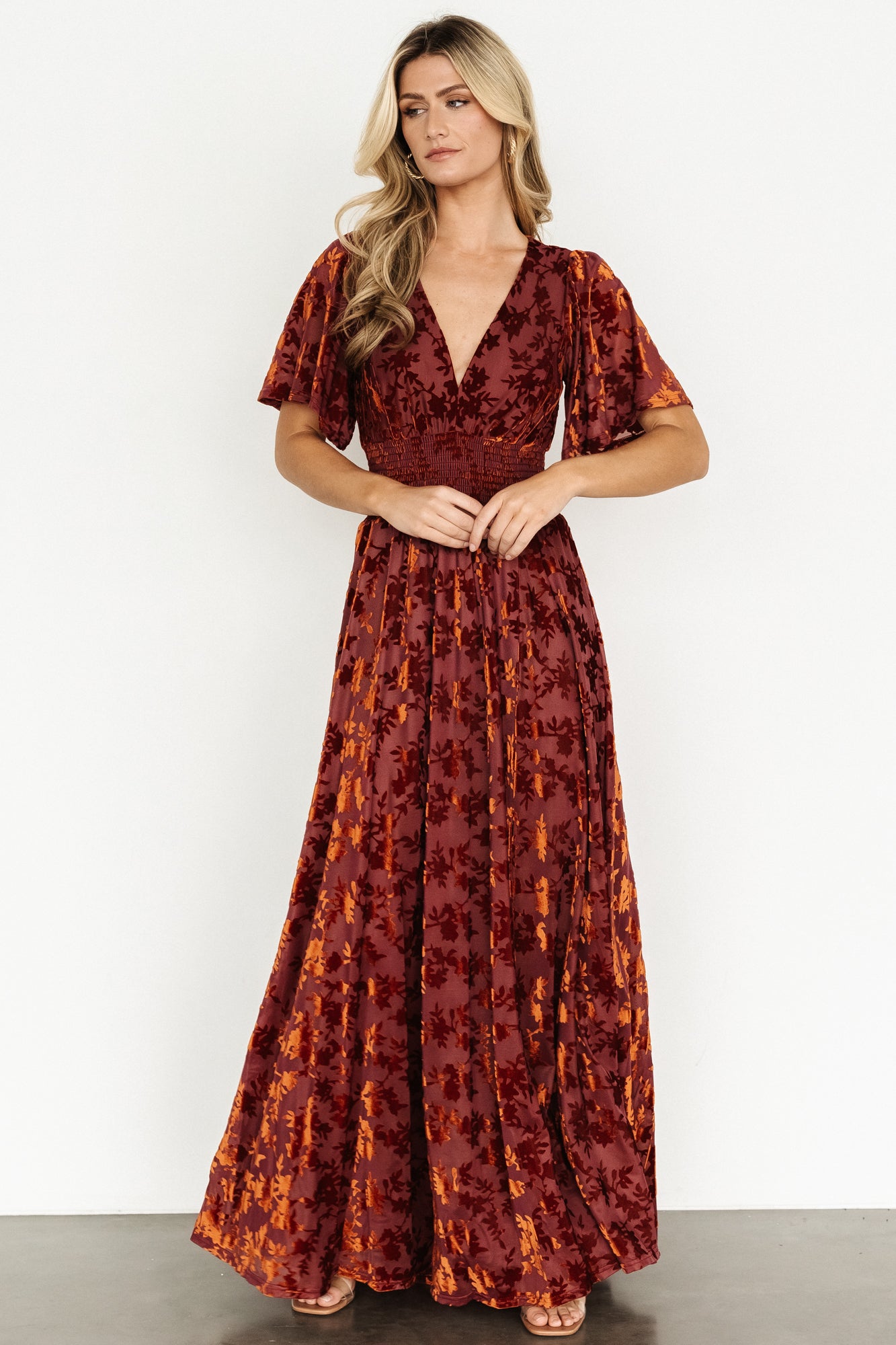 Velvet Maxi Dress with V-Neck & Slit | Rust Color | Baltic Born