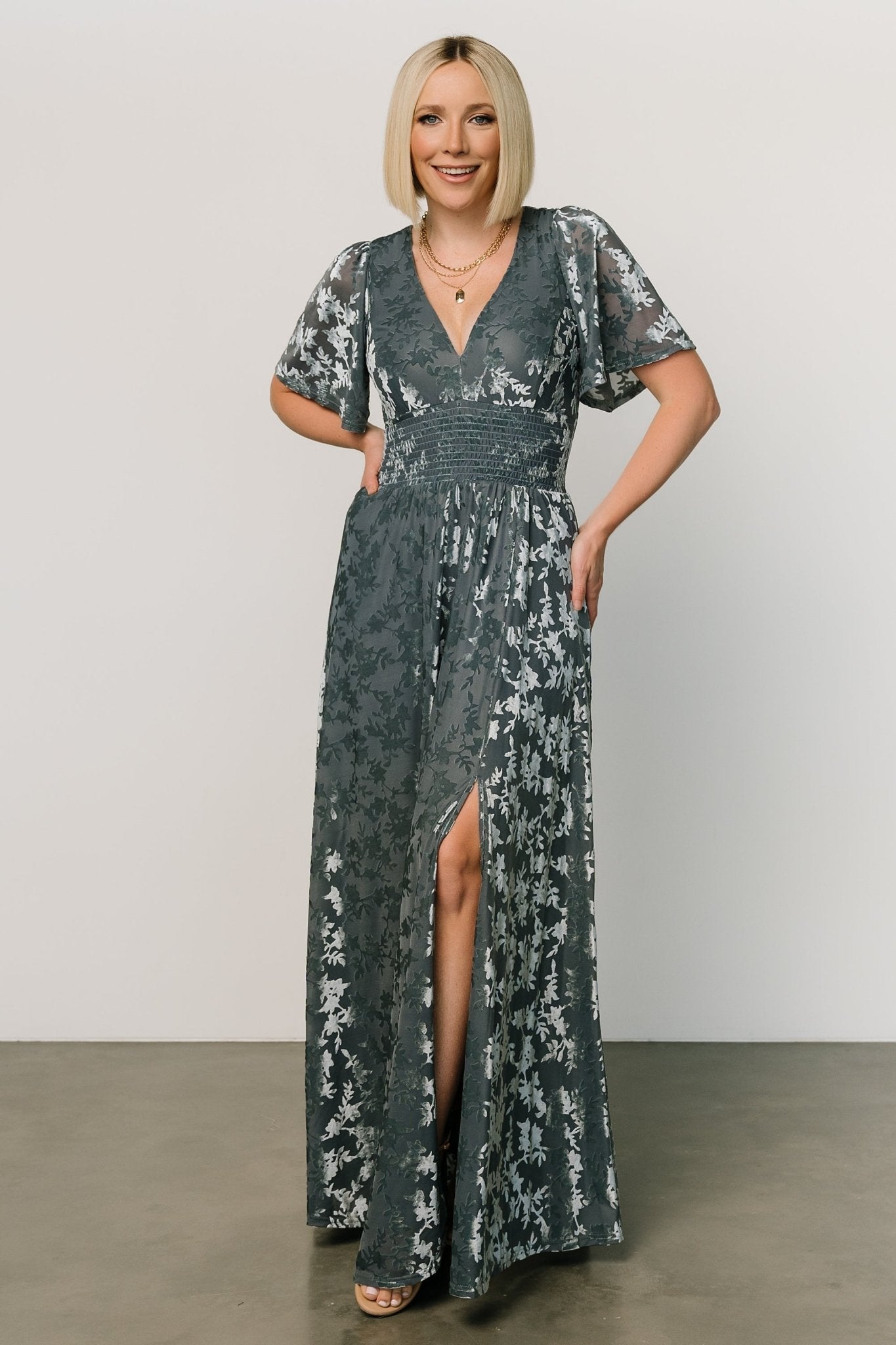 Slate Blue Velvet Maxi Dress with V-Neck & Leg Slit | Baltic Born