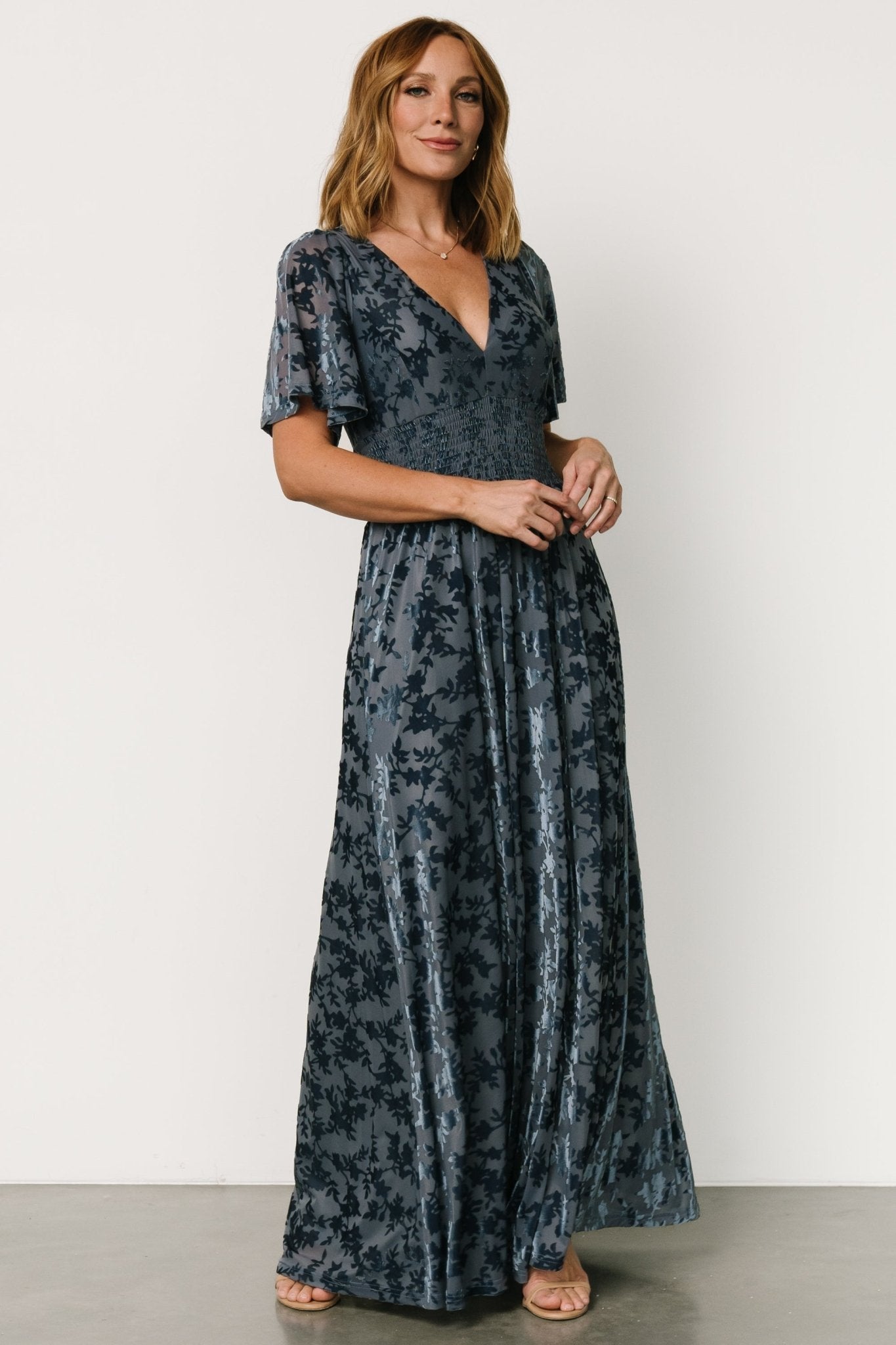 Velvet Maxi Dress with V-Neck & Leg Slit | Whisper Blue