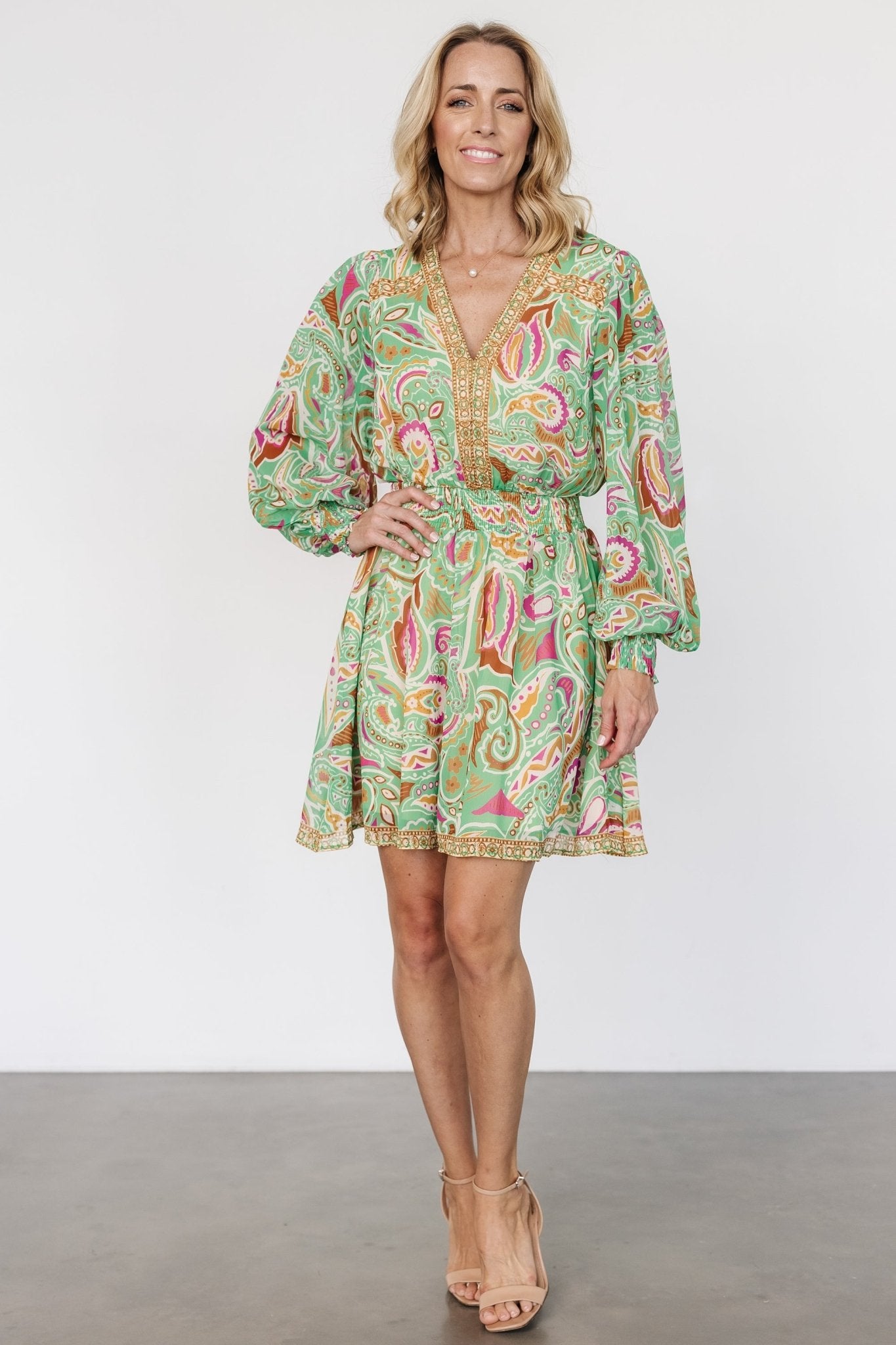 Green Print V-Neck Chiffon Dress with Flowy Sleeves | Vesta