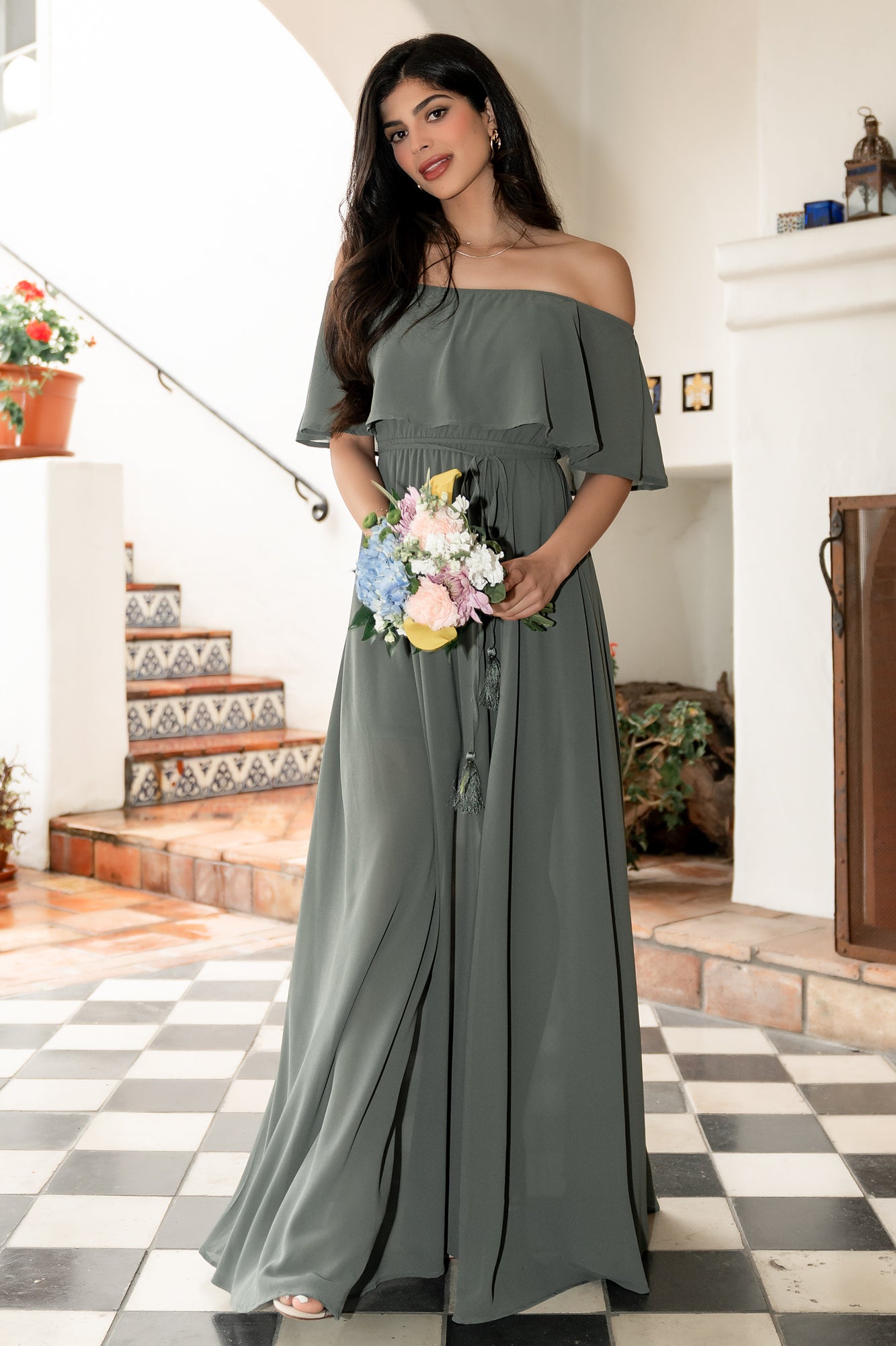Off Shoulder Maxi Dress with Slit & Elastic Waist | Baltic Born