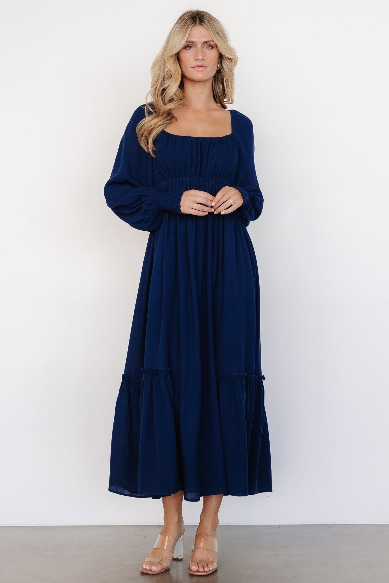 Long Sleeve Cotton Dress with Empire Waist & Ruffle Tier | Vienna Navy