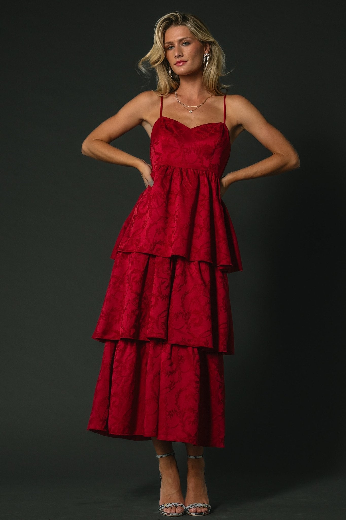 Deep Red Tiered Dress with Sweetheart Neckline & Smocked Back | Violetta
