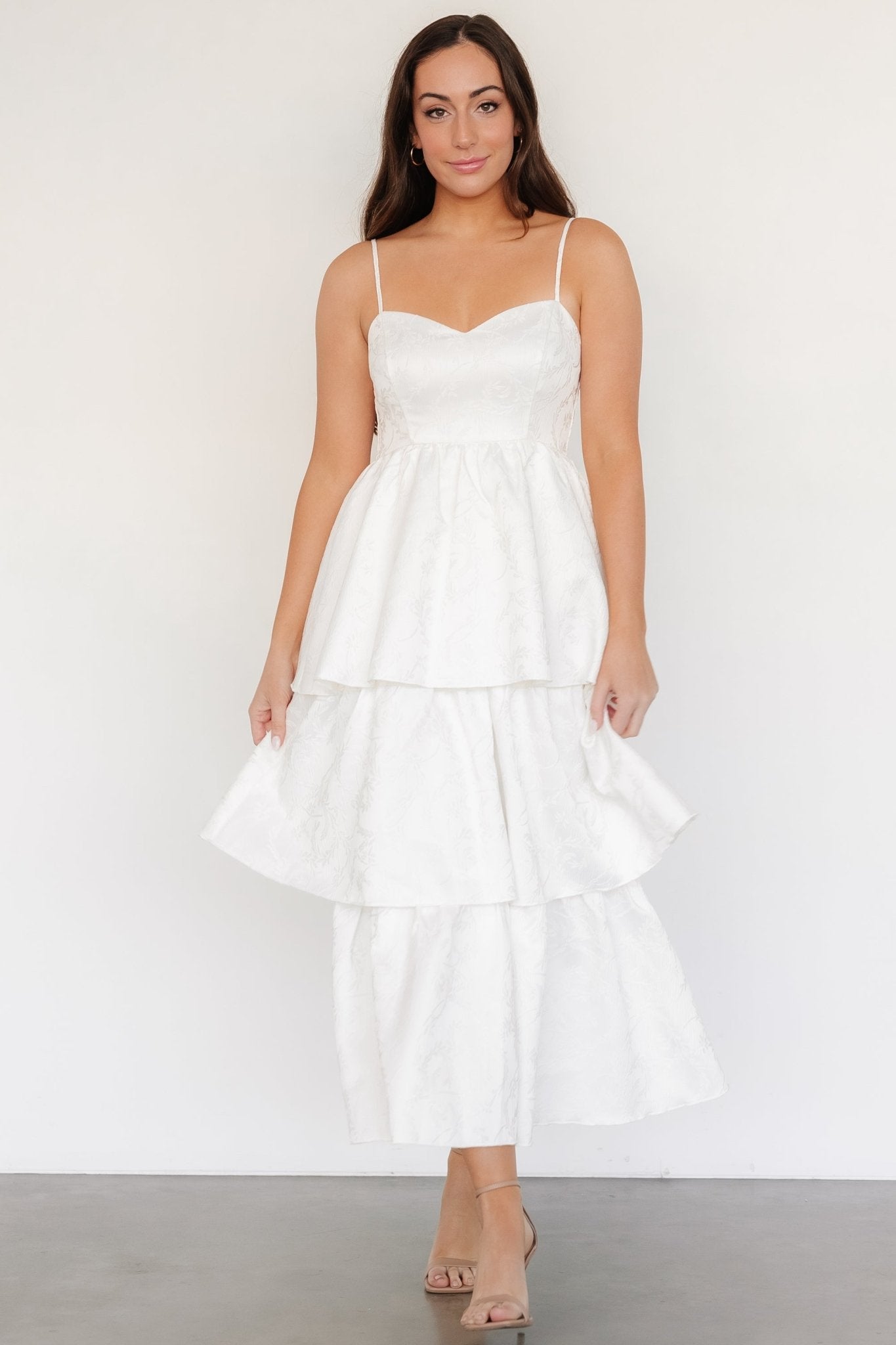 Off White Violetta Embossed Tiered Dress with Sweetheart Neckline | Baltic Born