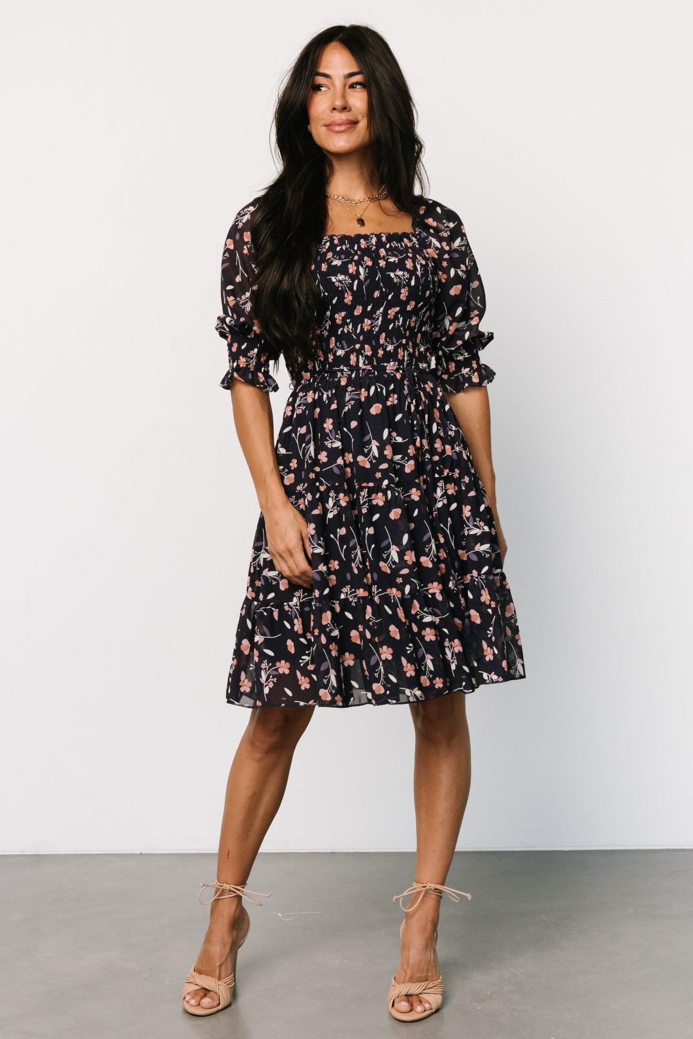 Smocked Short Dress with Square Neckline & Tiered Skirt | Azlyn Floral