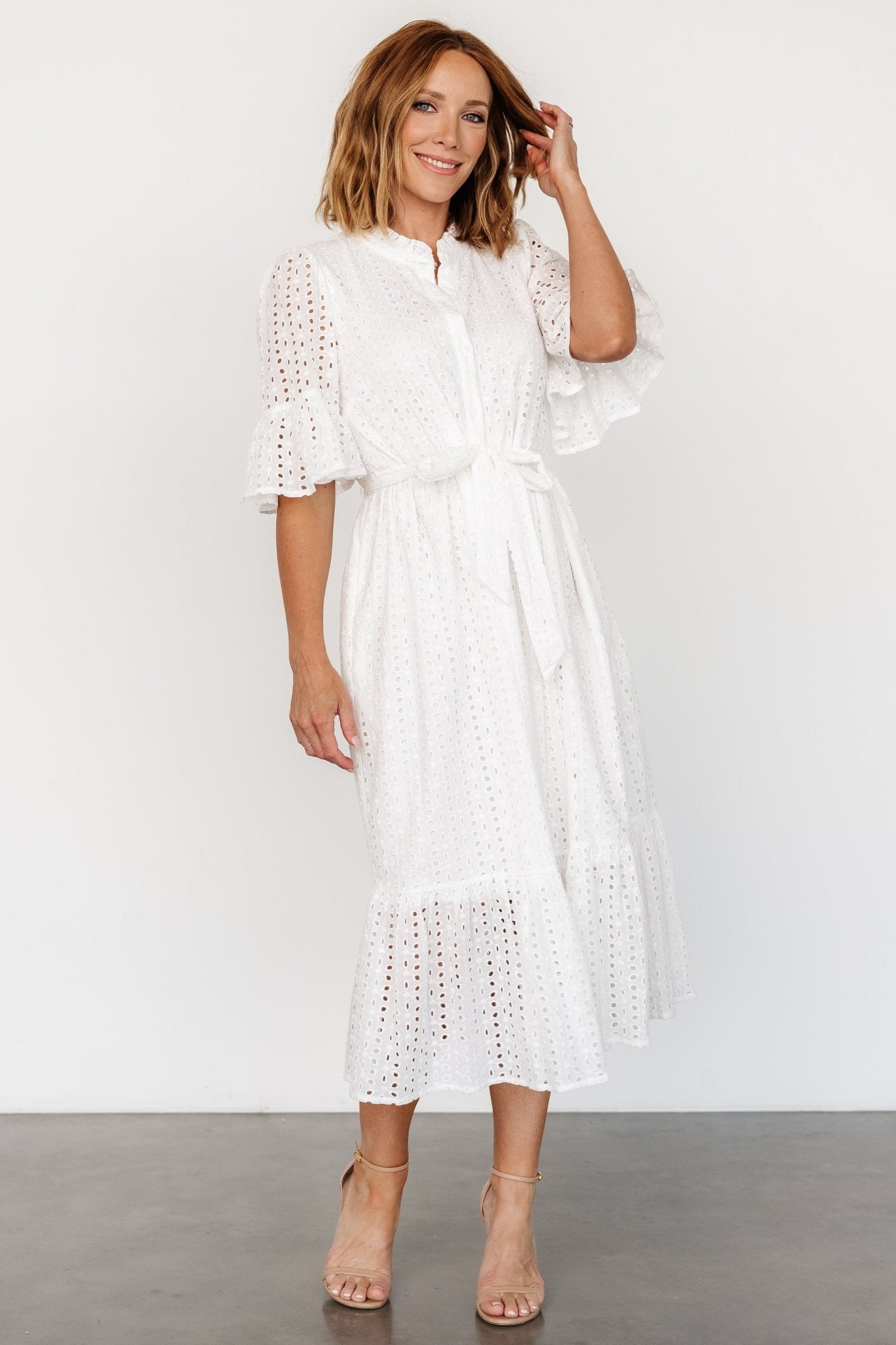 Eyelet Midi Dress with Ruffles & Pockets | Off White Cotton