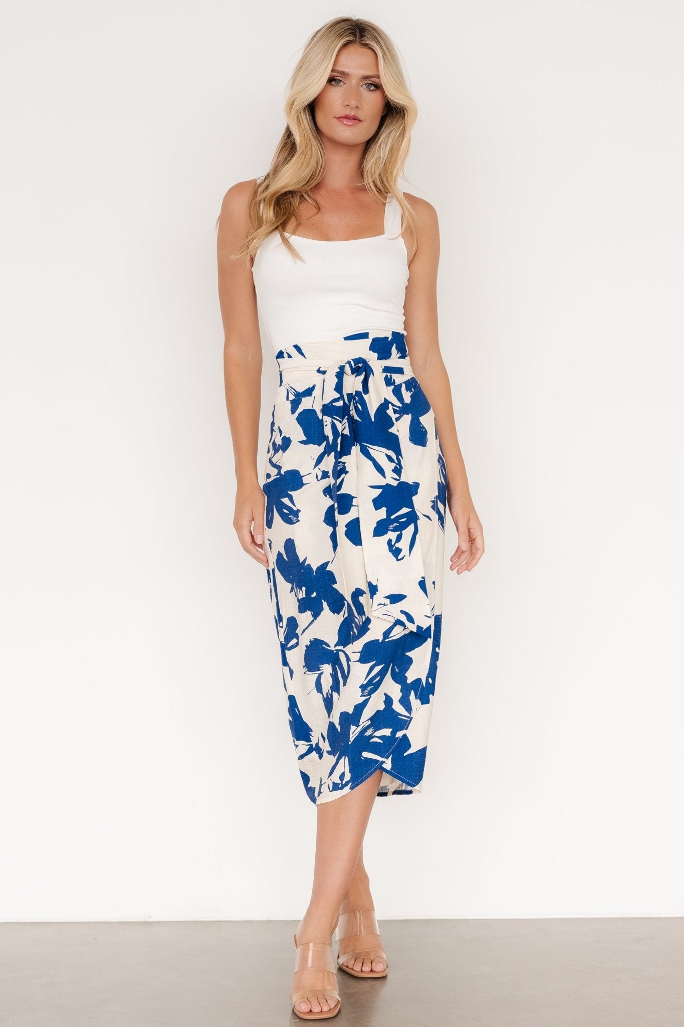 Blue Abstract Floral Wrap Midi Skirt | Baltic Born