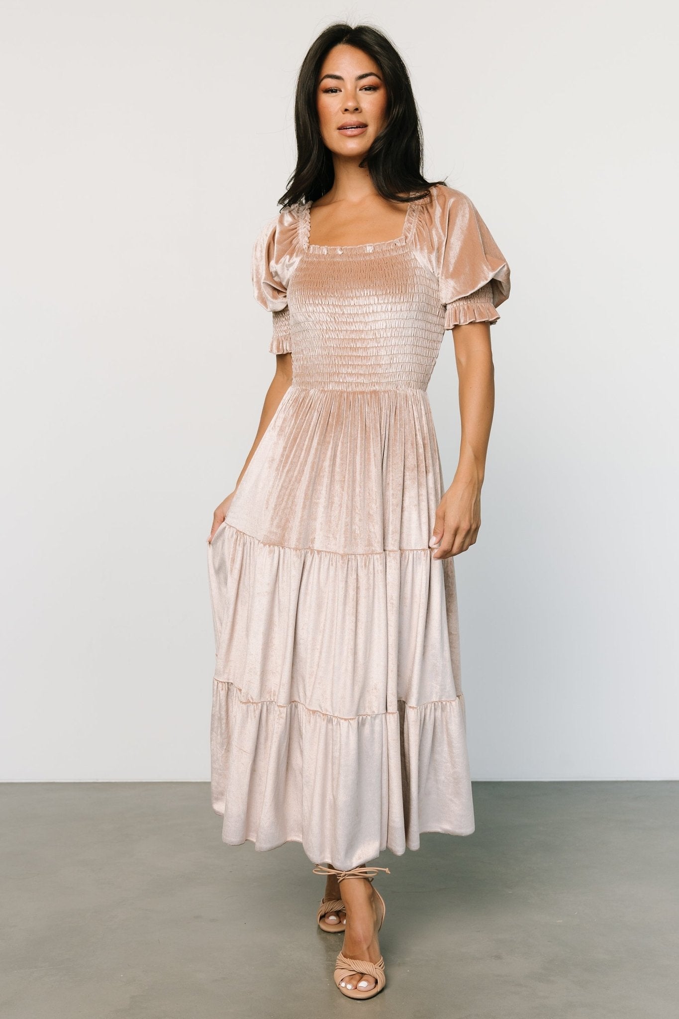 Smocked Velvet Midi Dress with Ruffles | Vivaldi Champagne