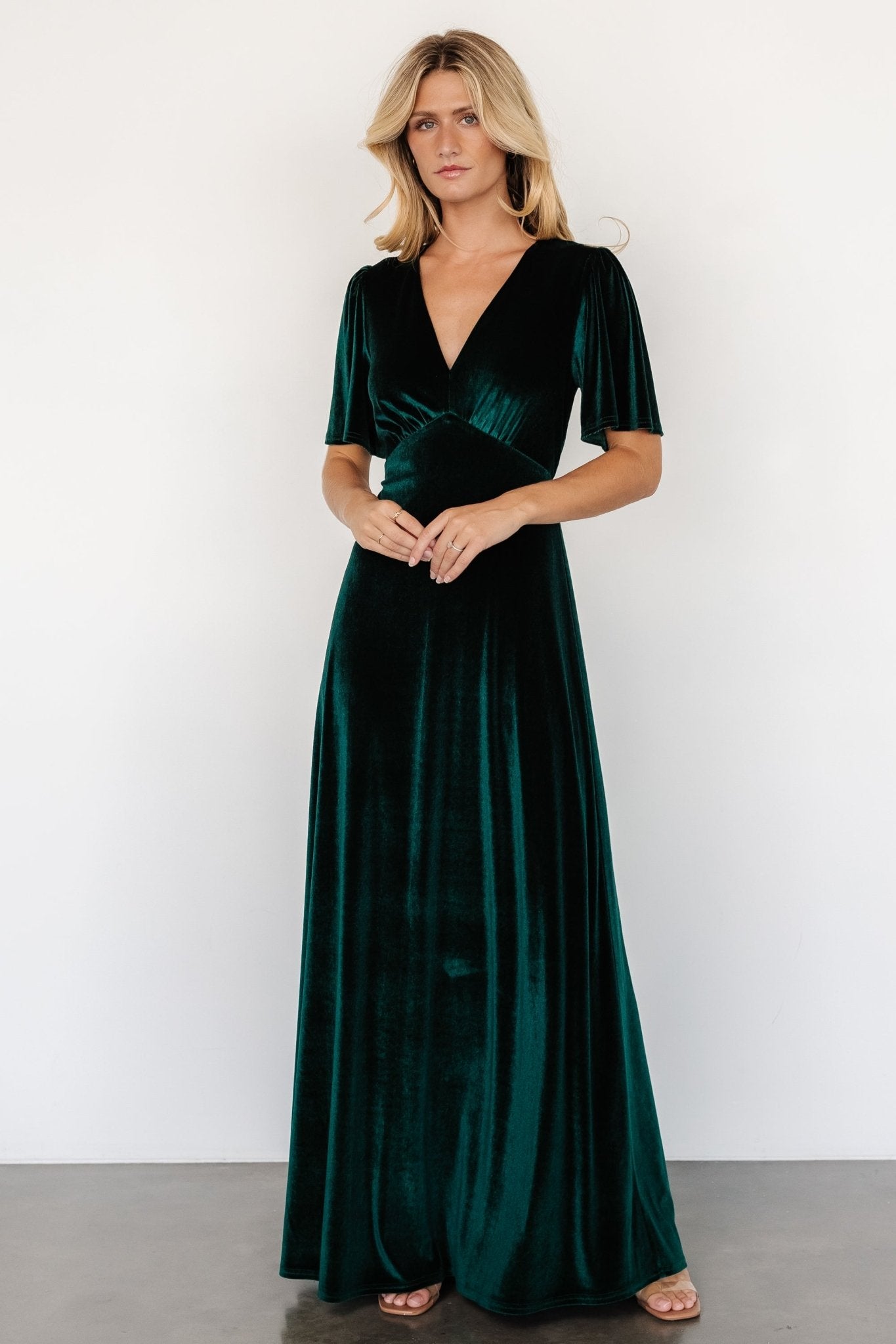 Emerald Green Velvet Maxi Dress with V-Neck & Flutter Sleeves | Vivian