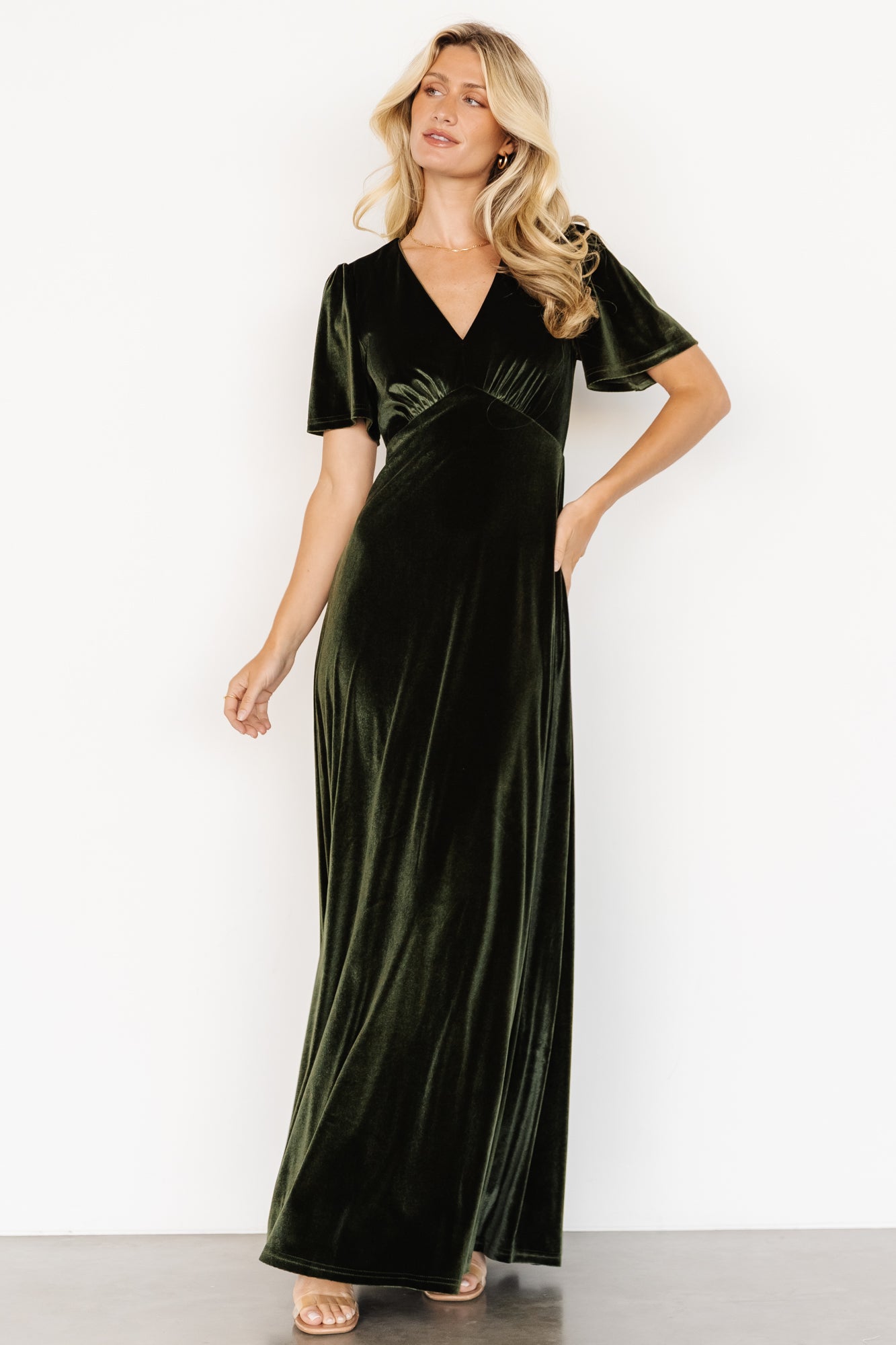 Velvet Maxi Dress with Deep V-Neck & Flutter Sleeves | Baltic Born