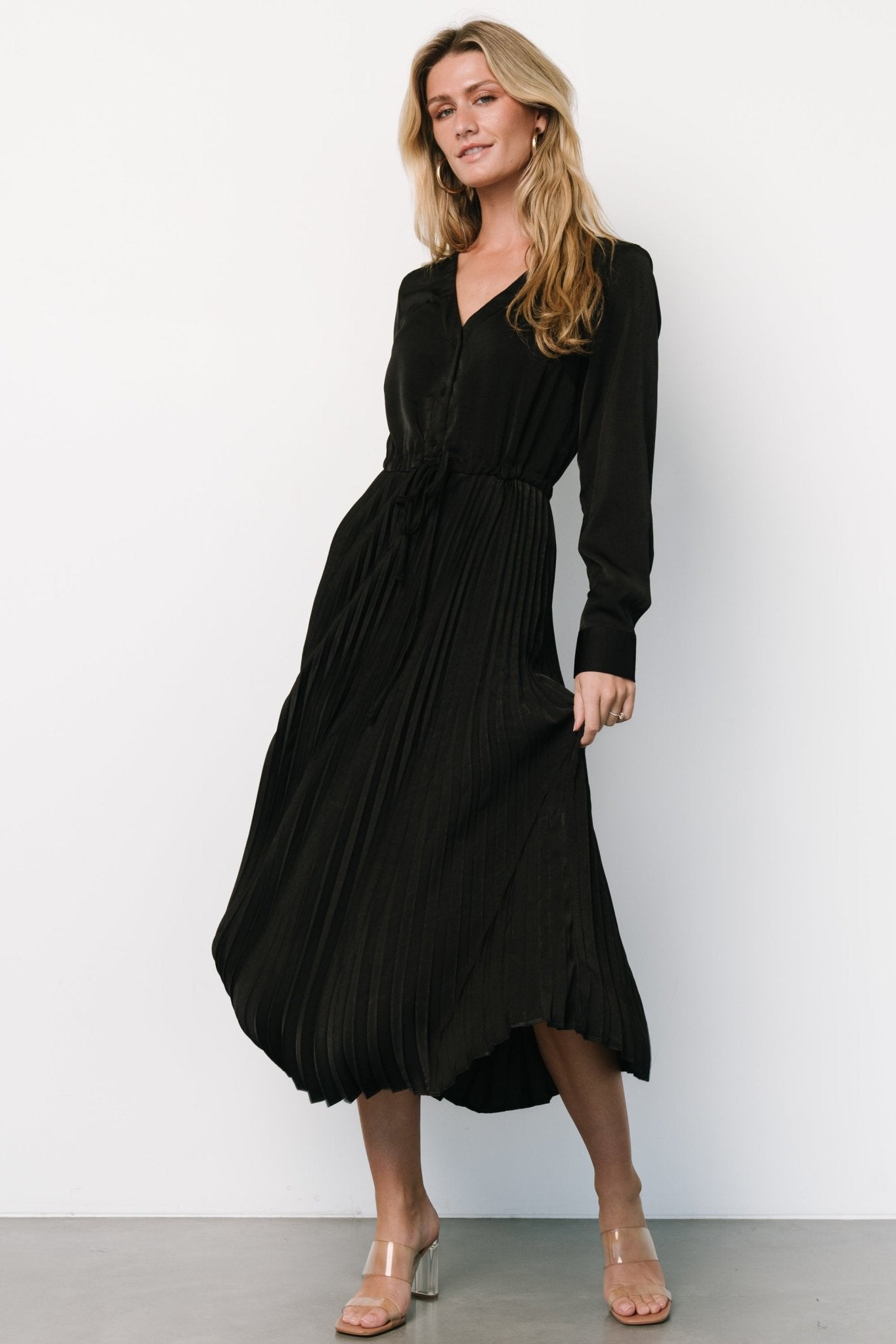 Black Pleated Satin Dress with V-Neck & Nursing Friendly | Waco