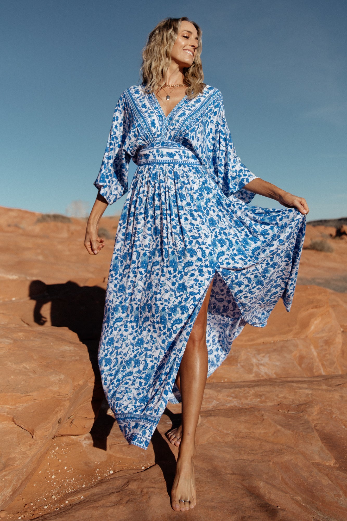 Blue & White Kimono Maxi Dress with V-Neck & Back Tie | Watson