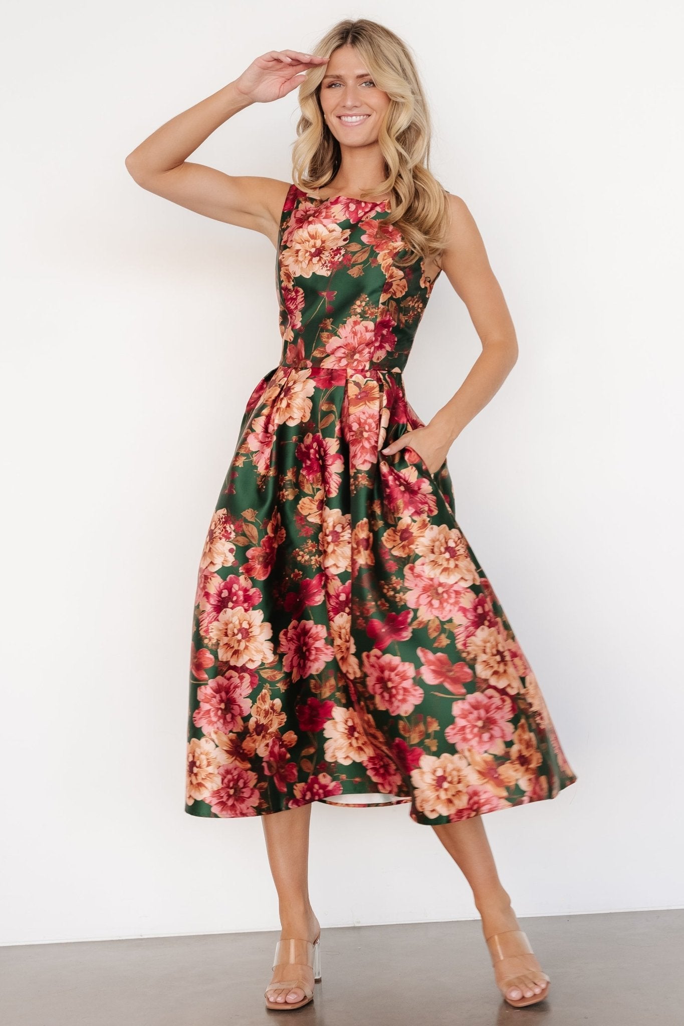 Emerald Green Sleeveless Floral Dress with Pockets | Wendy