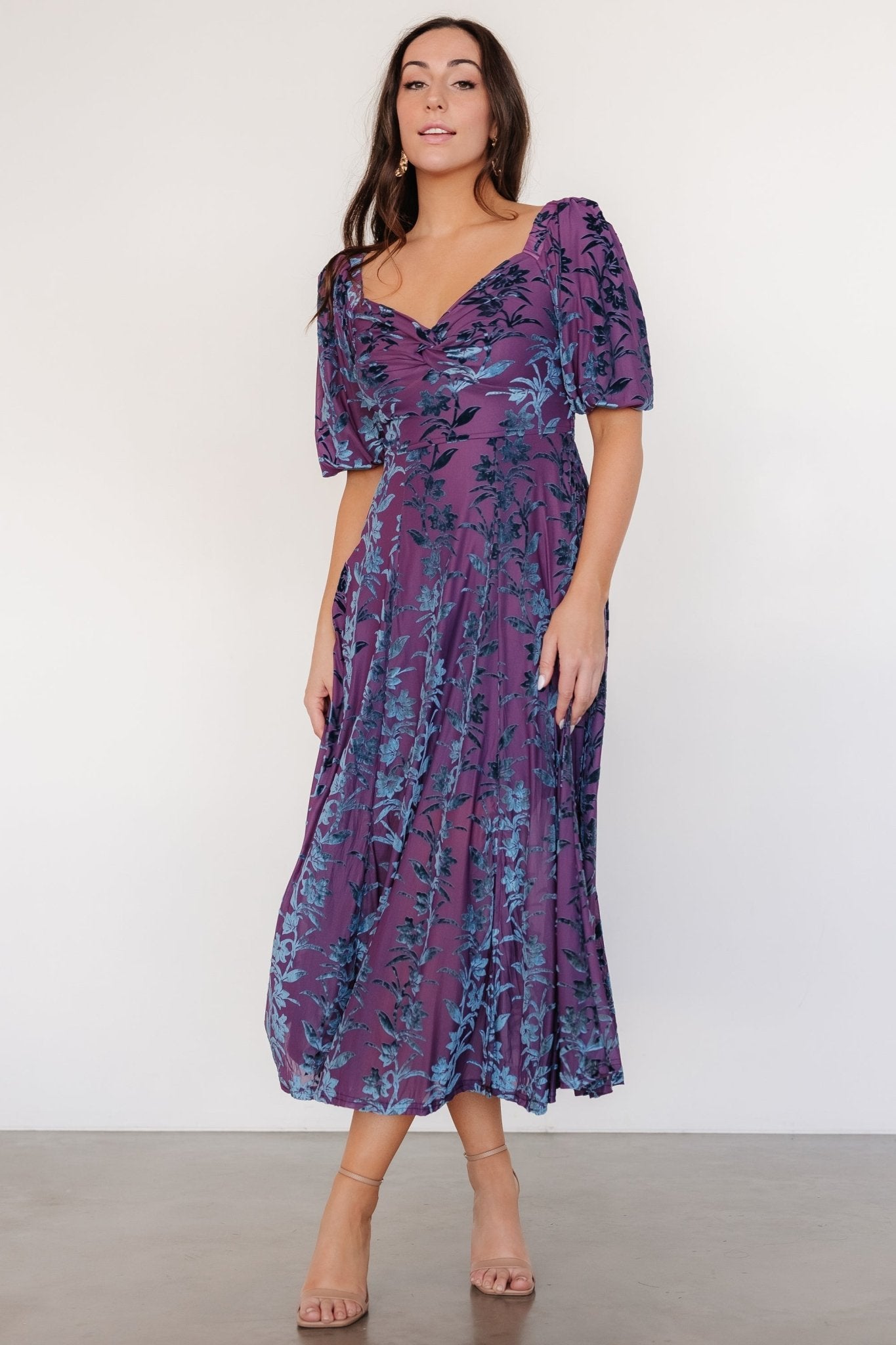 Velvet Floral Midi Dress with Sweetheart Neckline & Slit | Westbrook