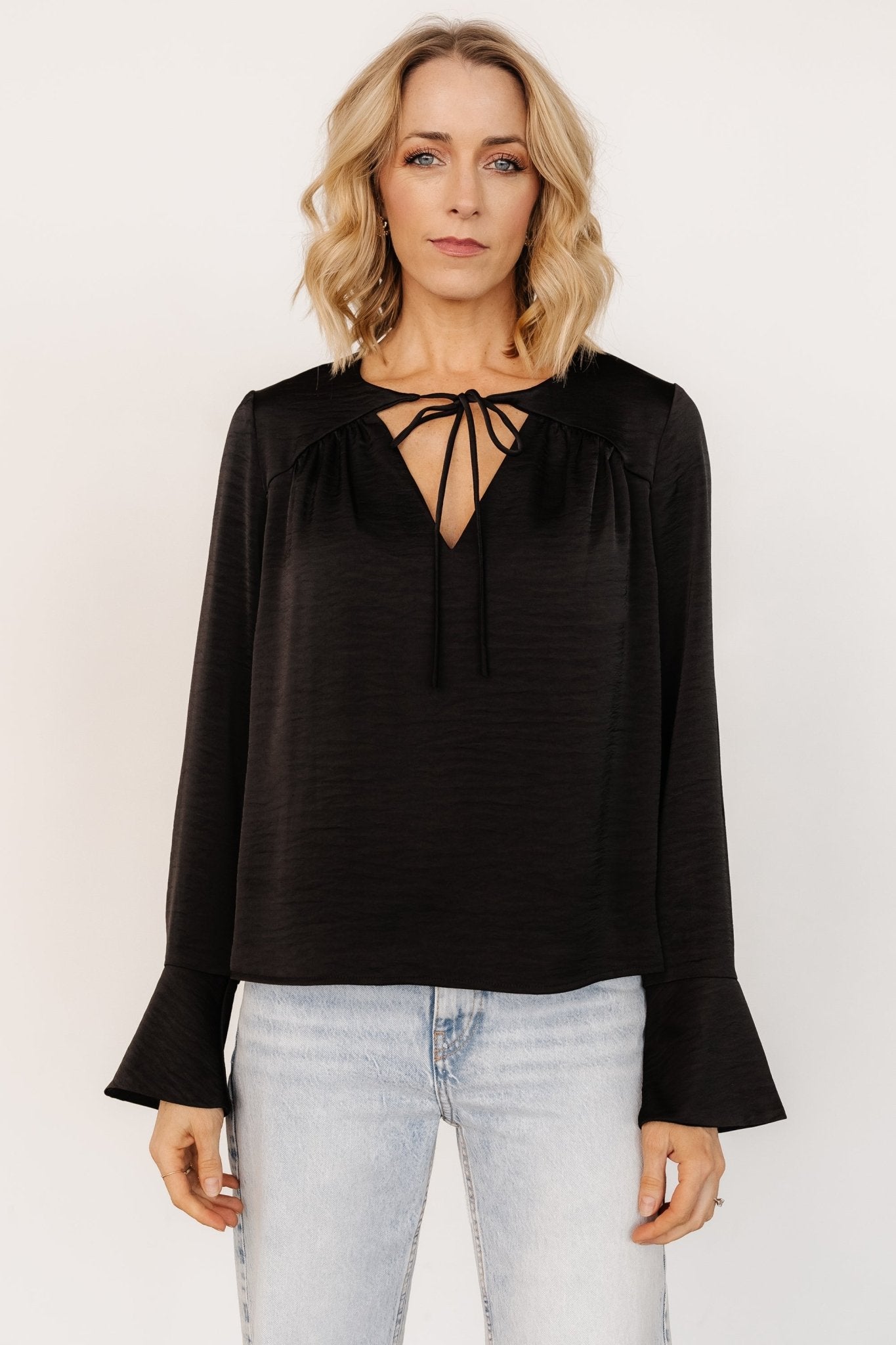 Black Satin V-Neck Top with Tie Detail & Bell Cuffs | Westminster