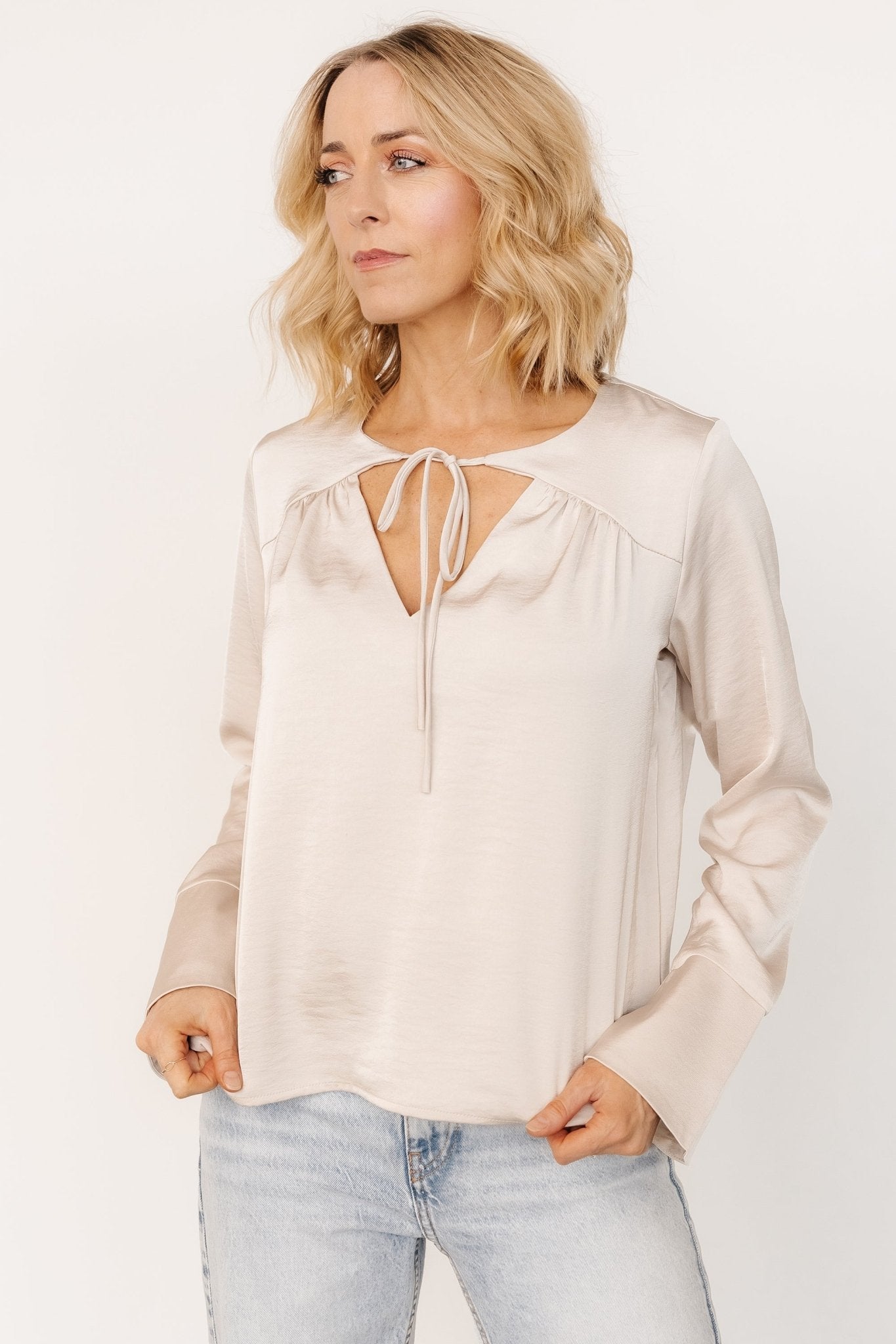 Satin V-Neck Top with Bell Sleeves & Tie Detail | Westminster Pearl