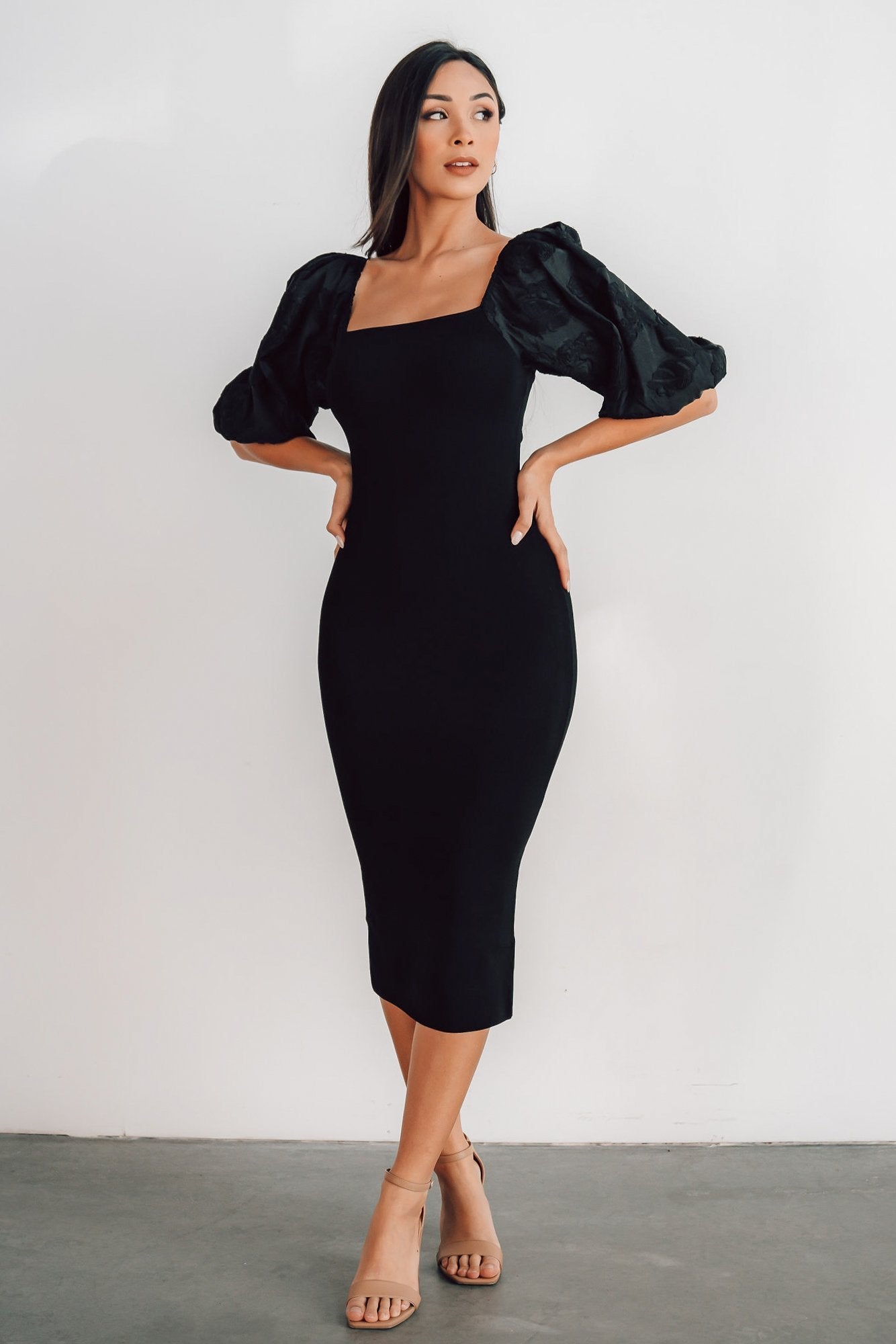 Black Bodycon Midi Dress with Puff Sleeves & Square Neckline | Weyland