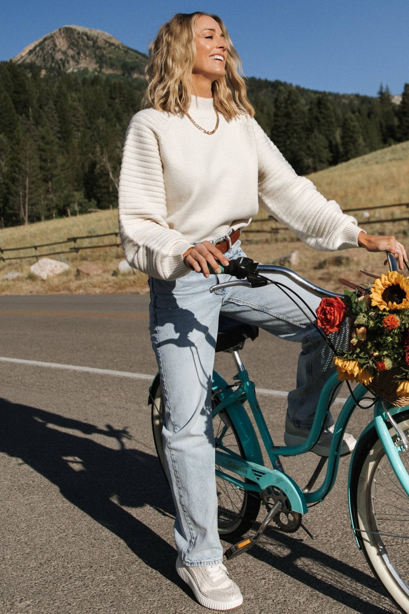 Cream Chunky Knit Sweater with Mock Turtleneck & Puffed Sleeves | Whitley