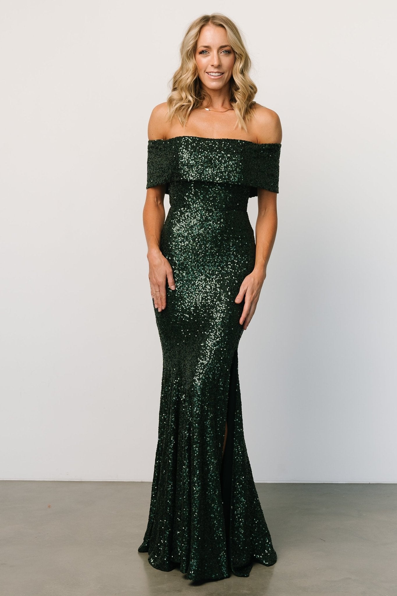 Green Sequin Off Shoulder Gown with Slit | Yvonne Dress