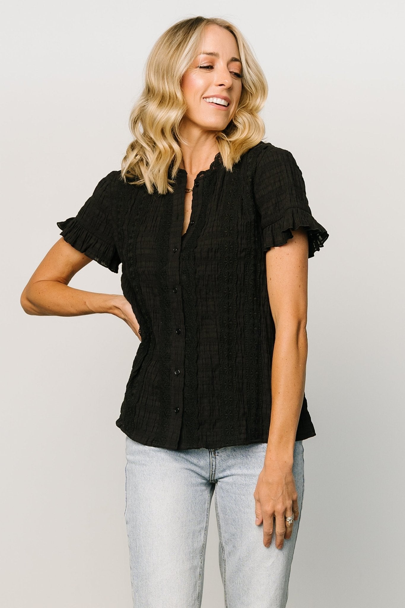 Black Lace Top with Ruffled Sleeves & Front Buttons | Baltic Born