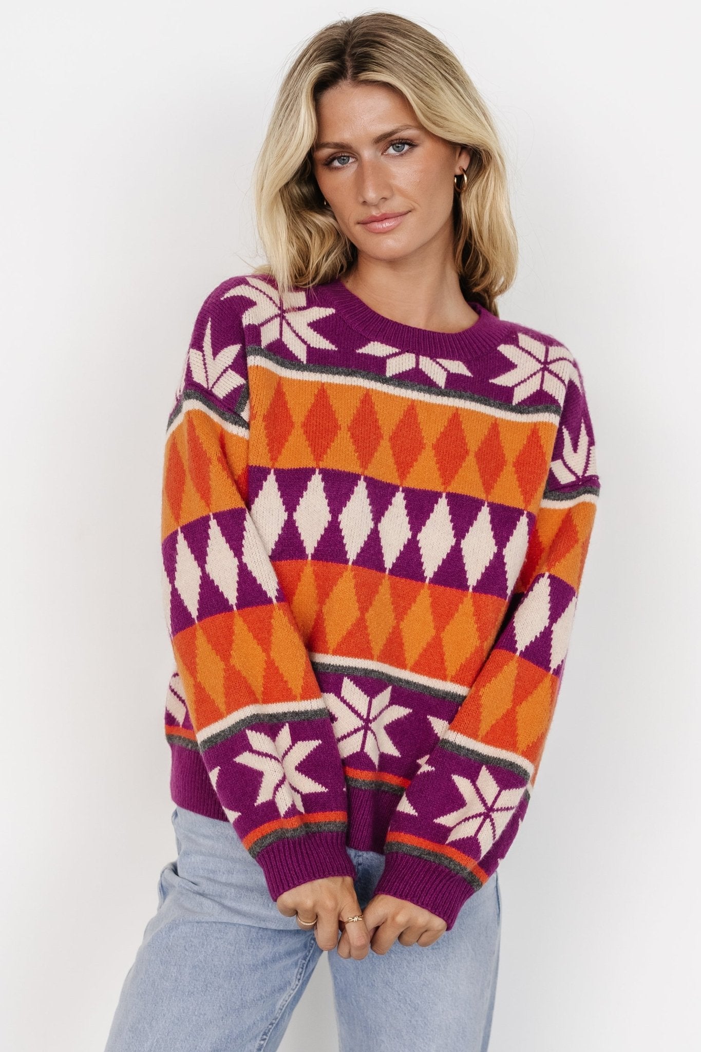 Geometric Print Knit Sweater | Magenta & Orange | Boxy Fit