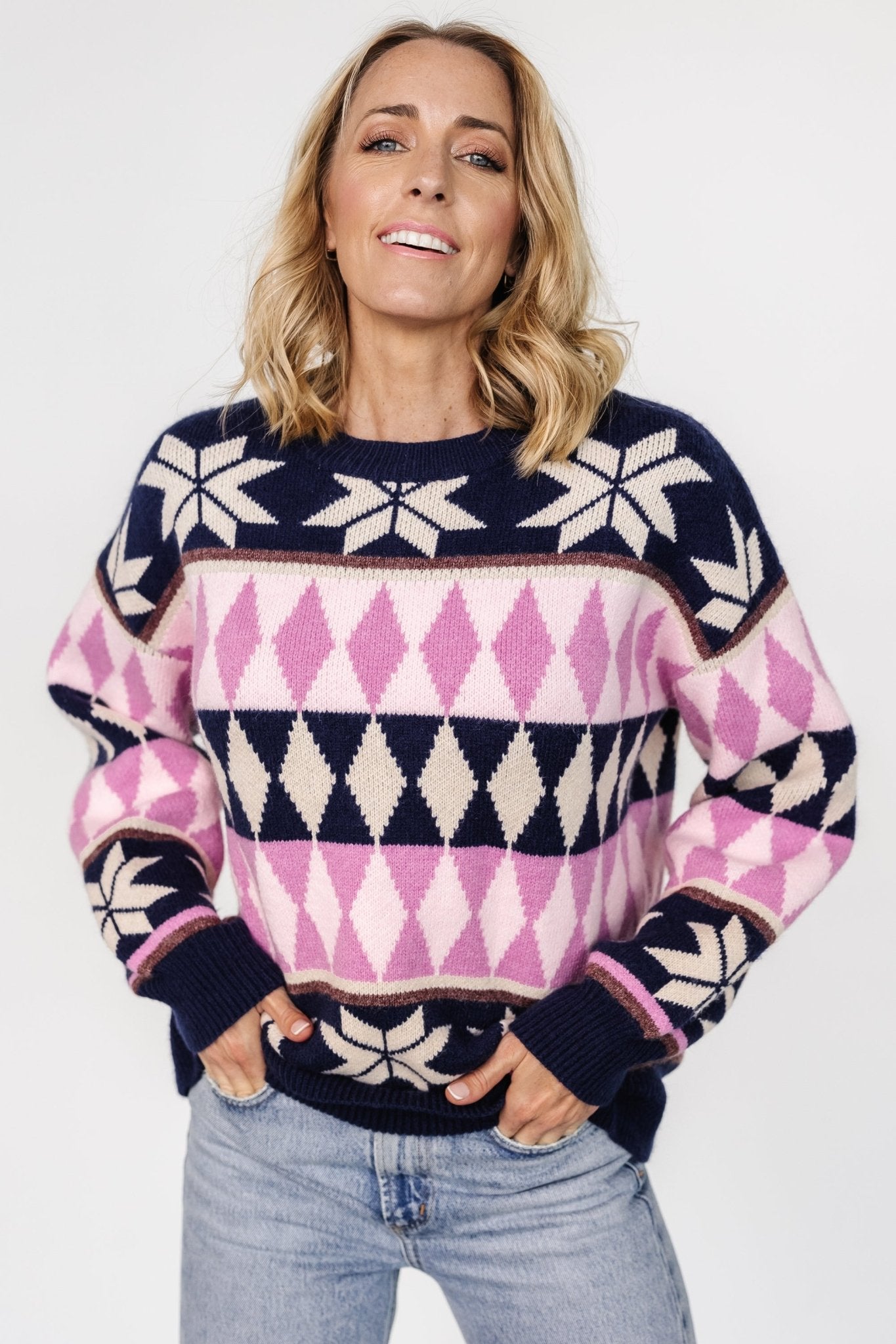 Geometric Print Knit Sweater with Boxy Fit | Zermatt Navy & Pink