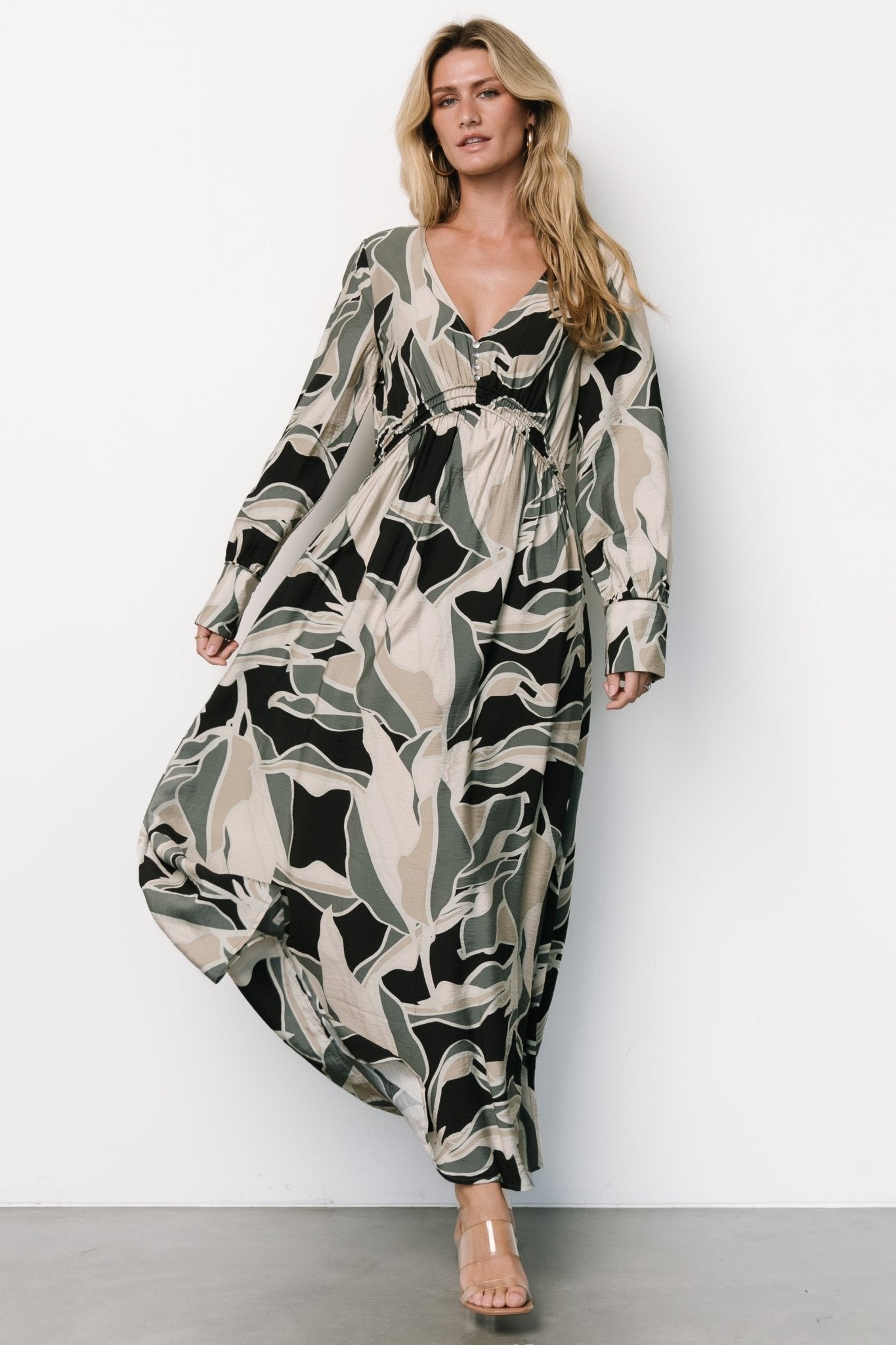 Black & Eucalyptus Print Maxi Dress | V-Neck with Button Details