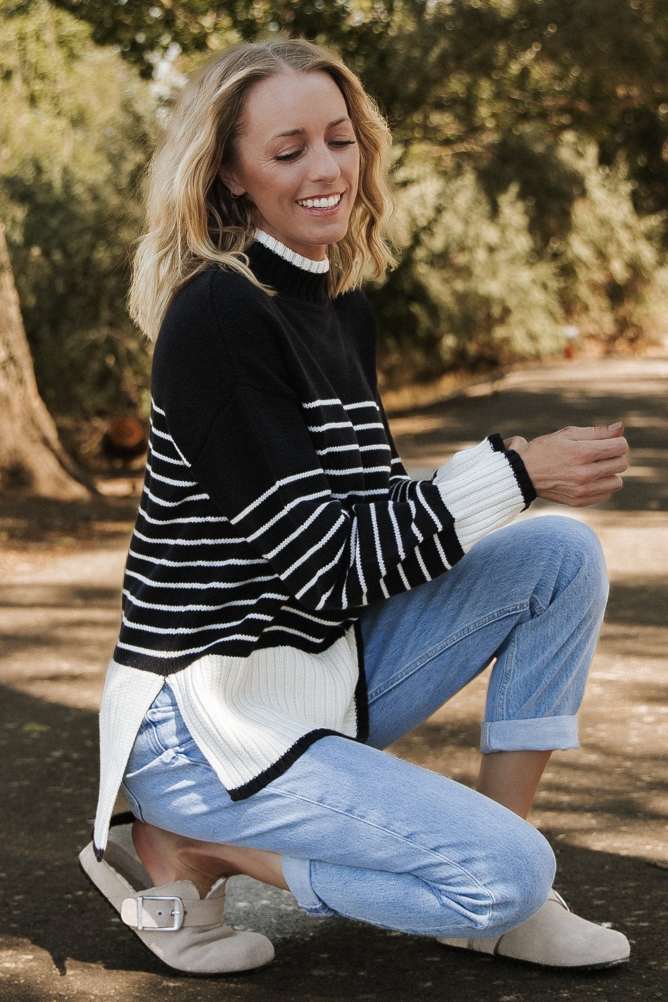 Black & Cream Stripe Knit Sweater with Mock Neck | Benedict