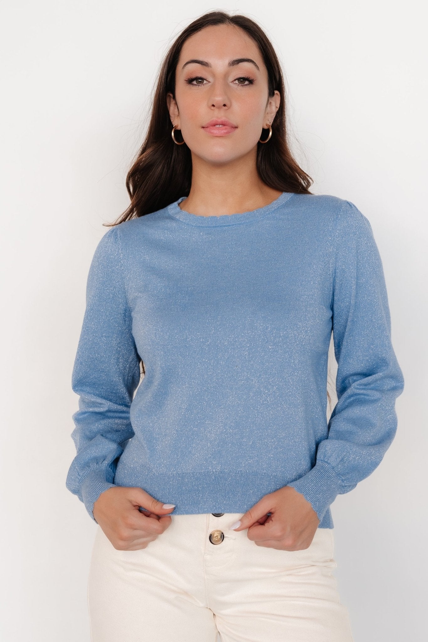 Blue Shimmer Sweater Top with Scalloped Neckline | Benson