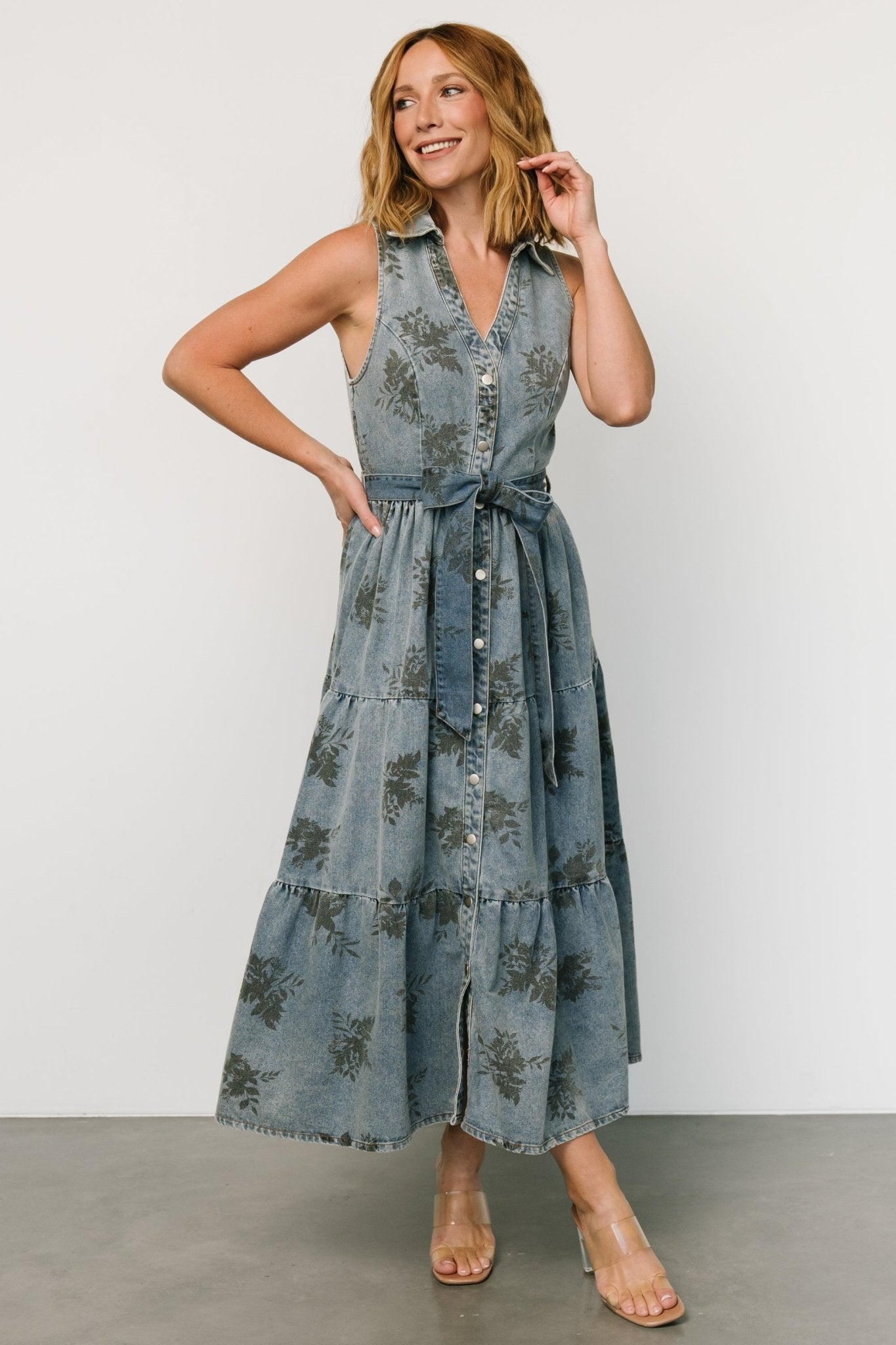 Sleeveless Denim Dress with Floral Pattern & Snap Buttons | Baltic Born