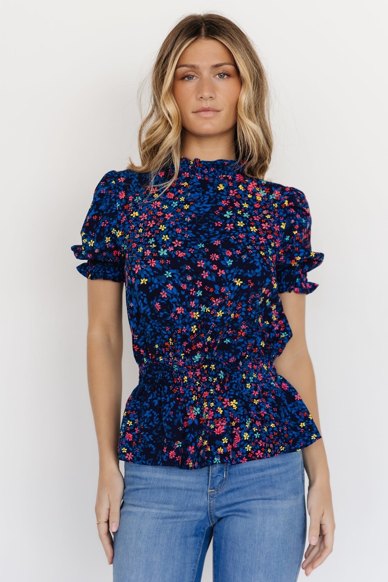 Blue Multi Peplum Top with Ruffled Sleeves & Smocked Waist | Baltic Born