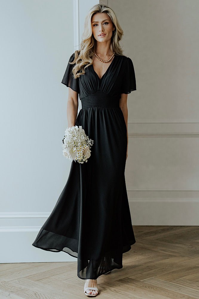 Black Chiffon Maxi Dress with V-Neck & Smocked Waist | Baltic Born