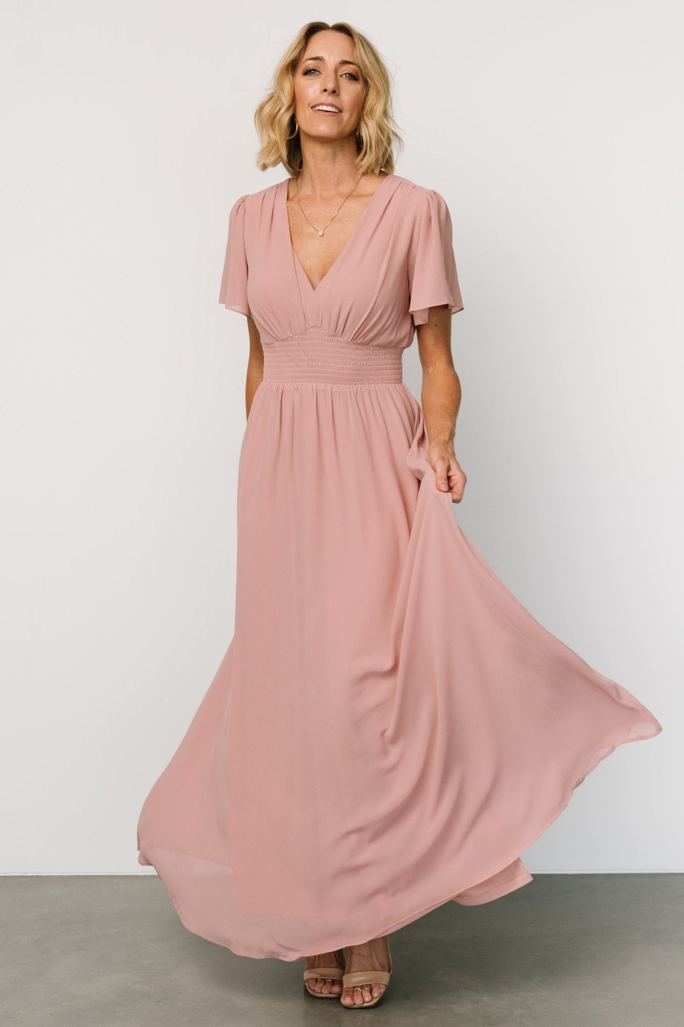 Blush Pink Maxi Dress with V-Neck & Flutter Sleeves | Baltic Born