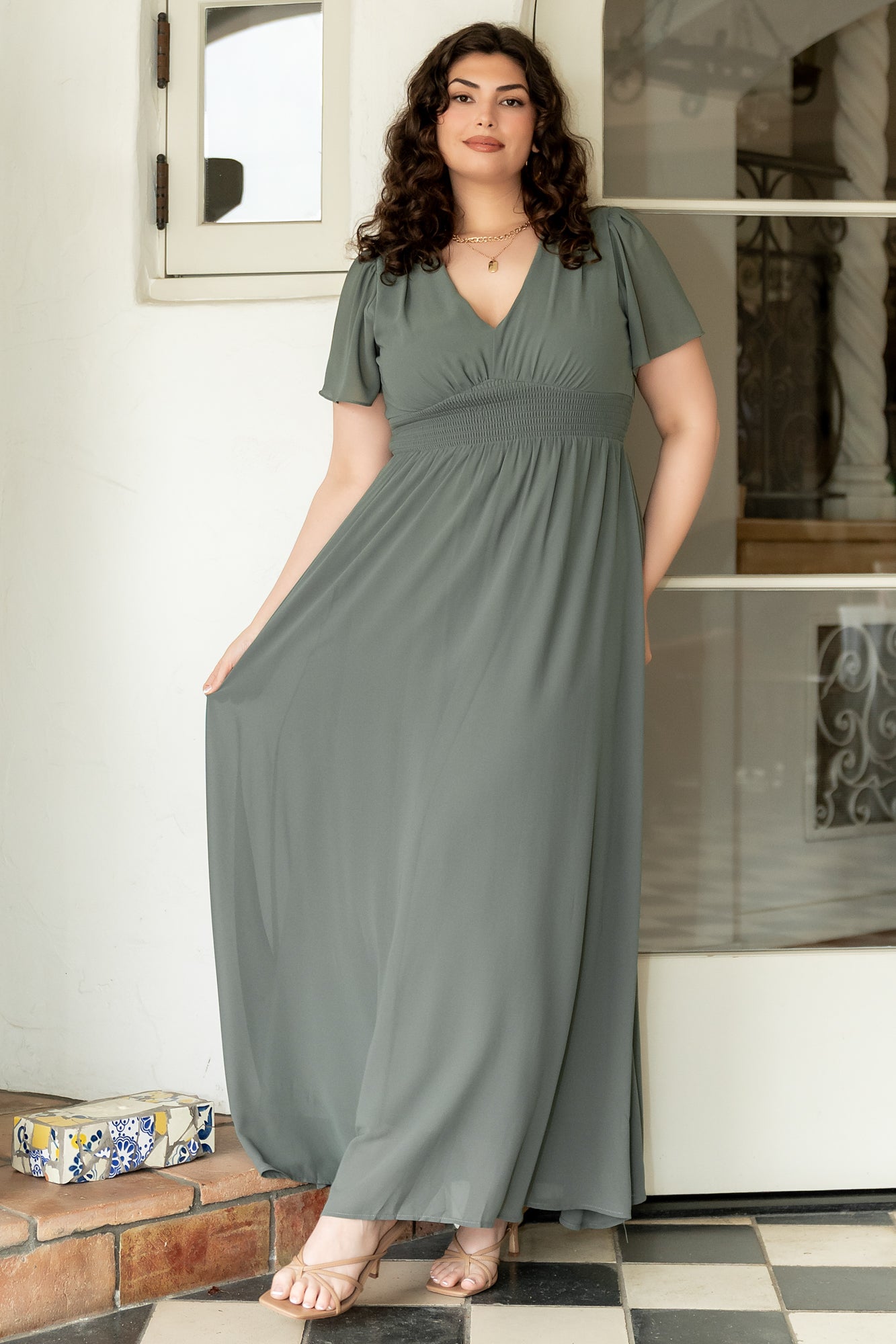 Flowy Chiffon Maxi Dress with Smocked Waist & V-Neck | Dark Sage