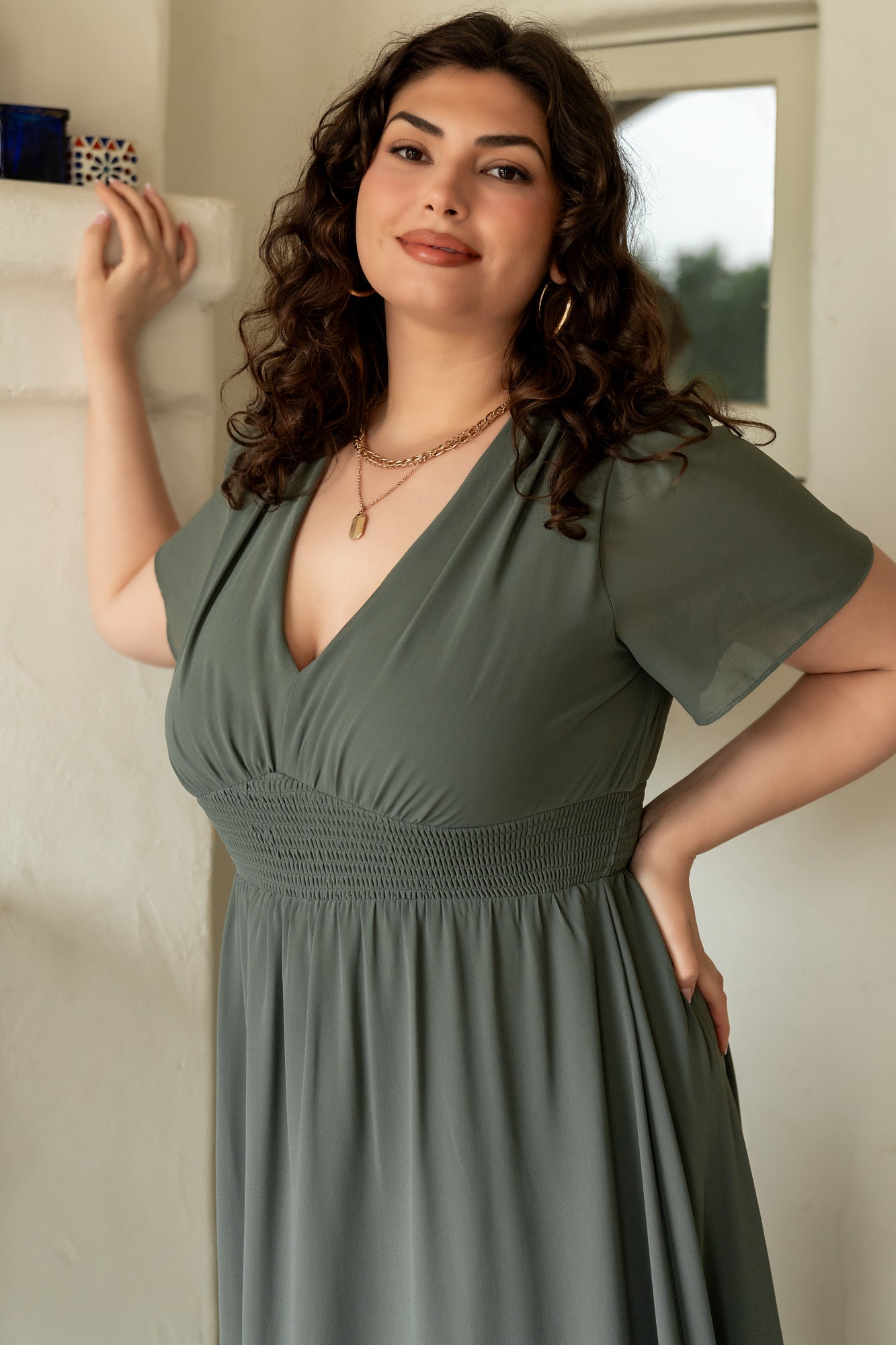 Flowy Chiffon Maxi Dress with Smocked Waist & V-Neck | Dark Sage
