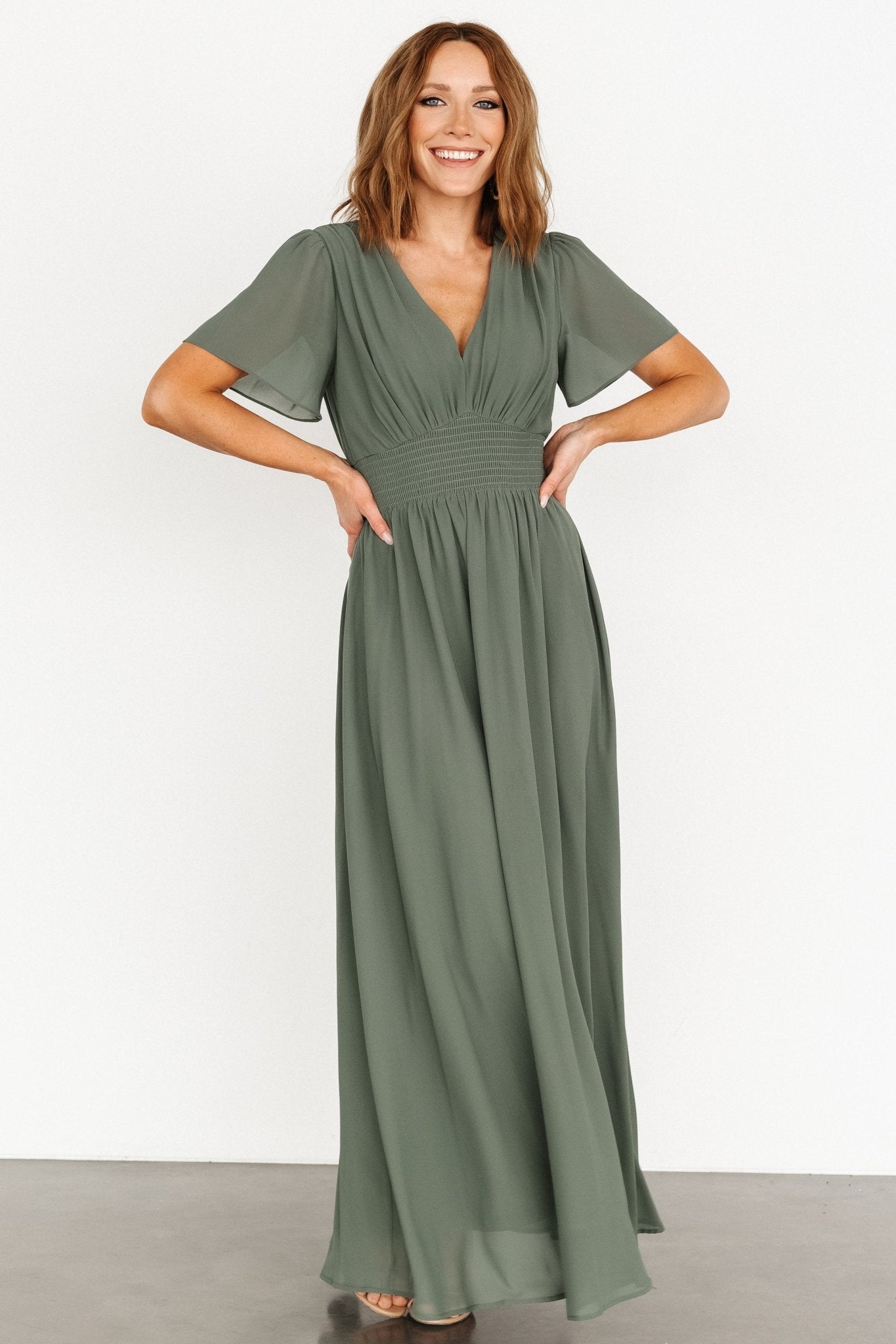 Flowy Chiffon Maxi Dress with Smocked Waist & V-Neck | Dark Sage