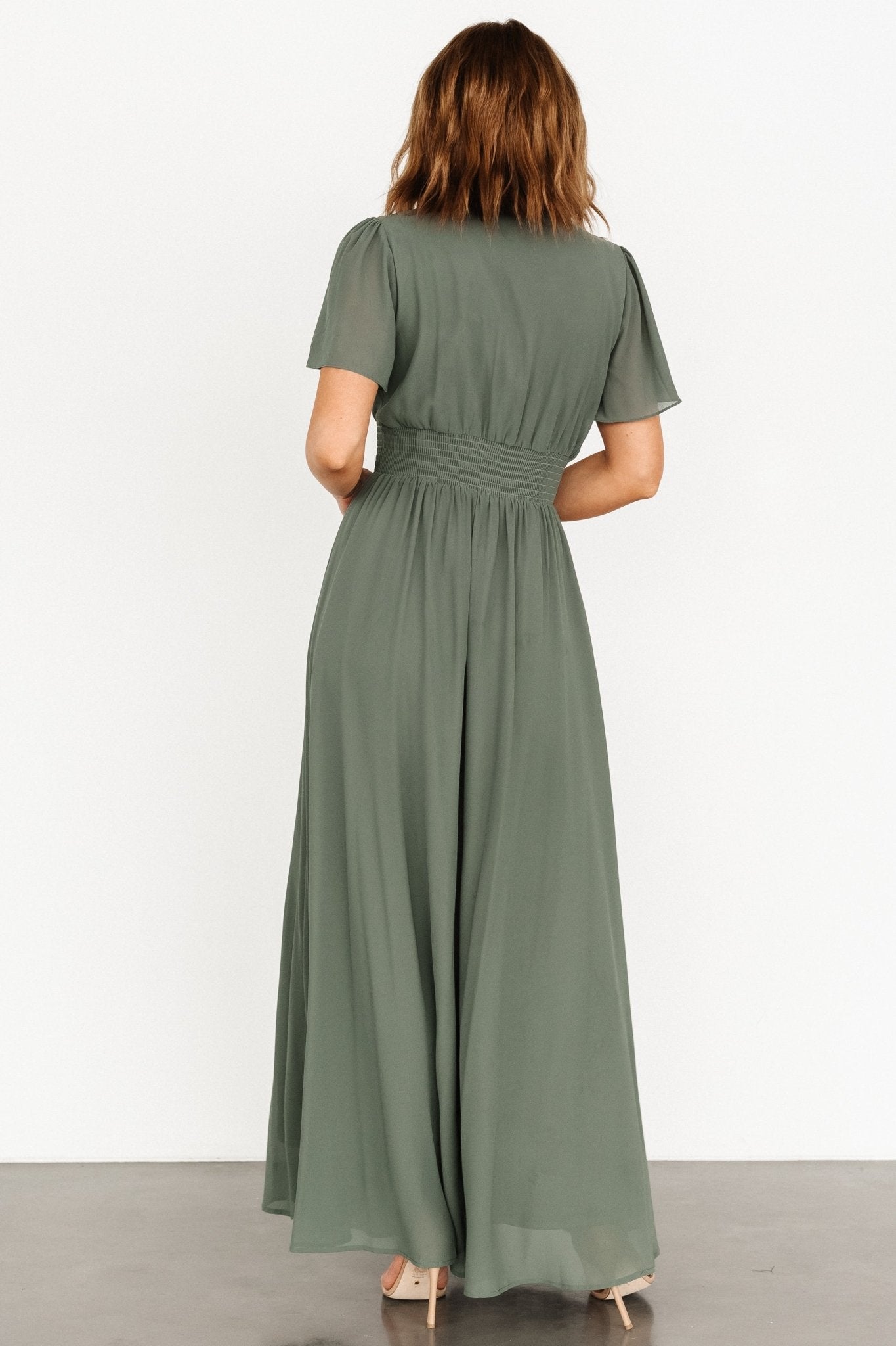 Flowy Chiffon Maxi Dress with Smocked Waist & V-Neck | Dark Sage