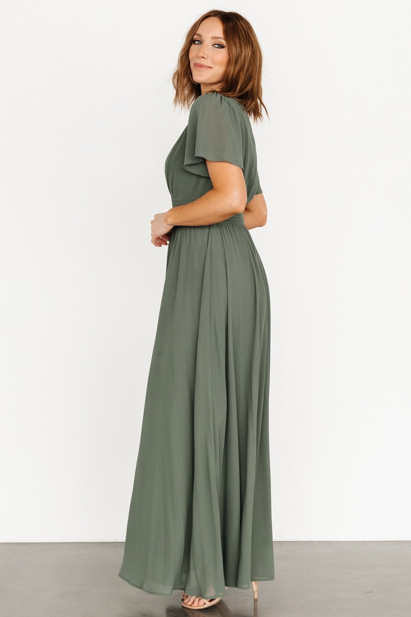 Flowy Chiffon Maxi Dress with Smocked Waist & V-Neck | Dark Sage