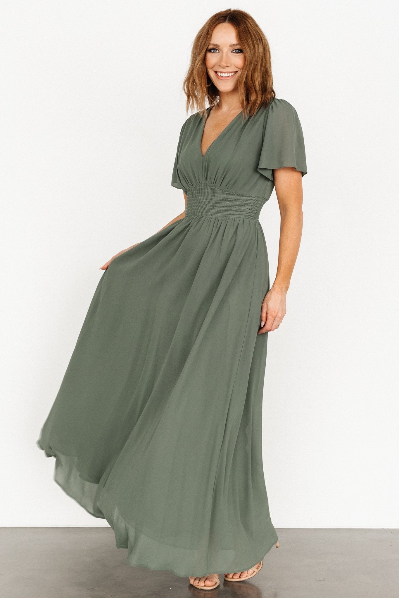 Flowy Chiffon Maxi Dress with Smocked Waist & V-Neck | Dark Sage