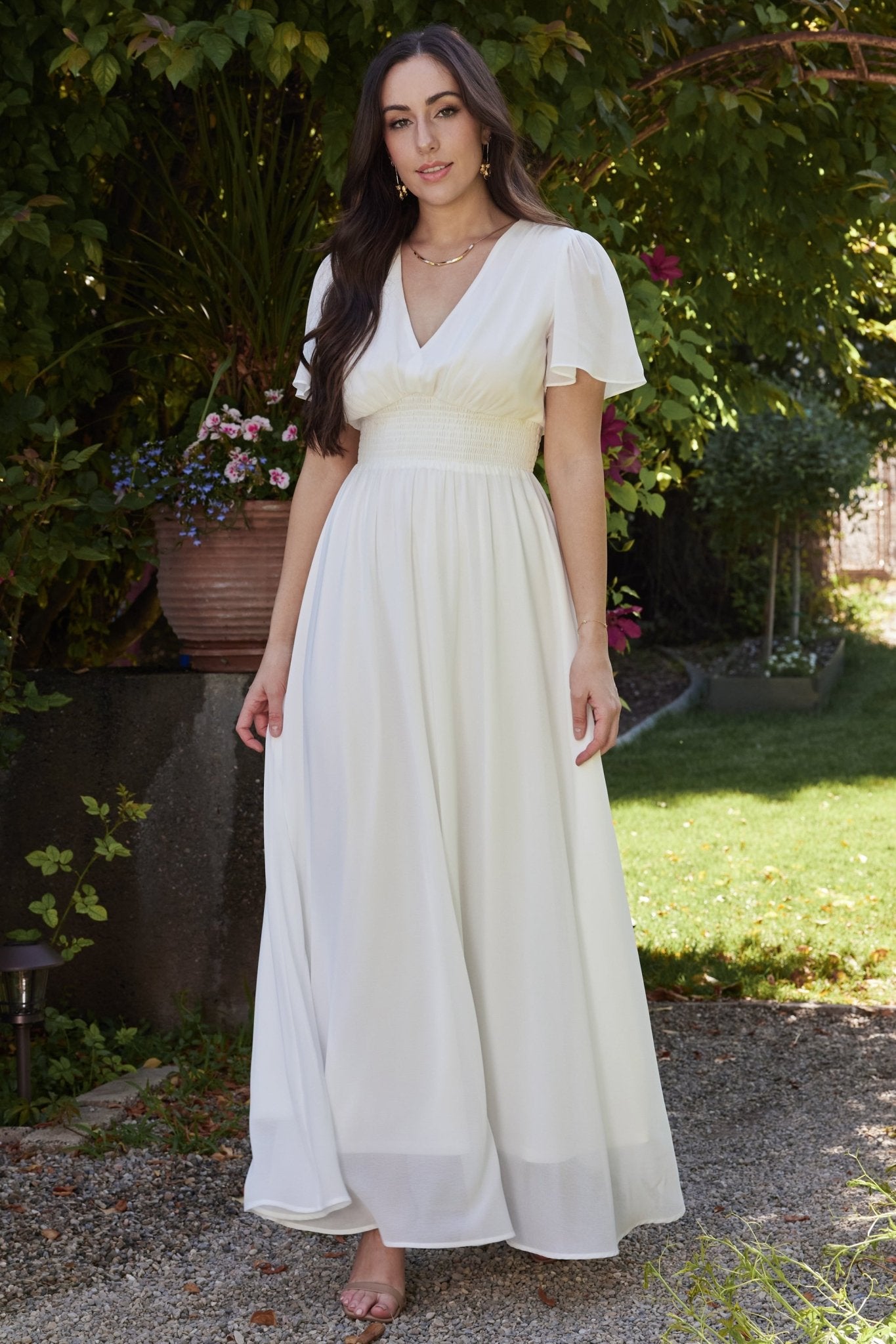 White Chiffon Maxi Dress with V-Neck & Flutter Sleeves | Baltic Born