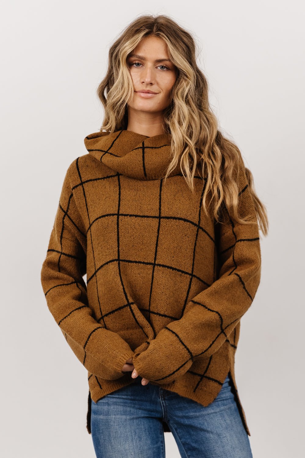 Cozy Funnel Neck Sweater for Women | Brown Knit with Black Grid