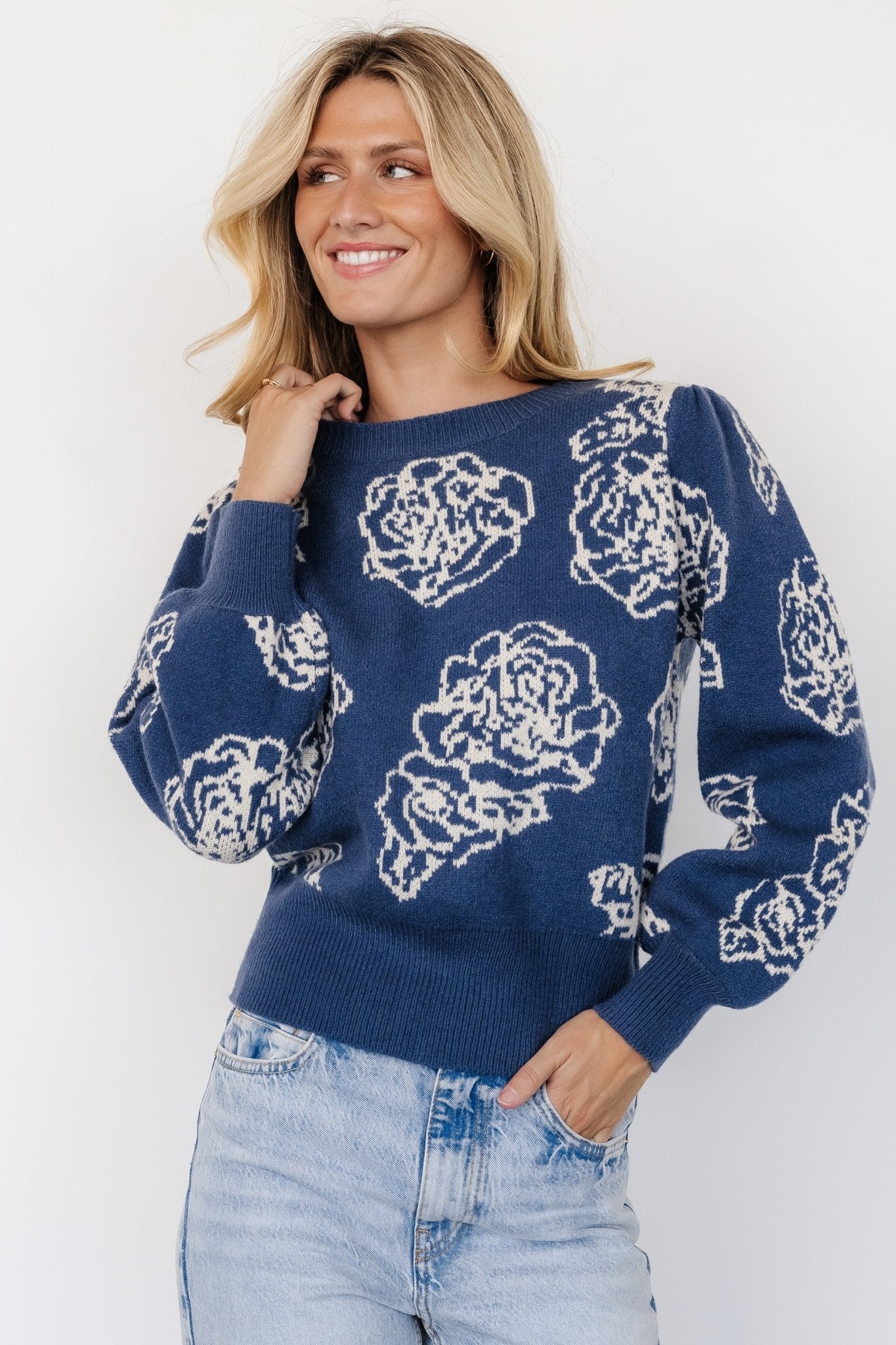 Floral Sweater for Women | Blue & Cream Knit with Drop Shoulder